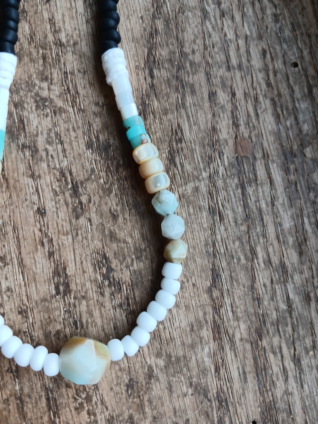 Amazonite River Shell Glass Bead Necklace Hemp Cord Hippie Boho Layering