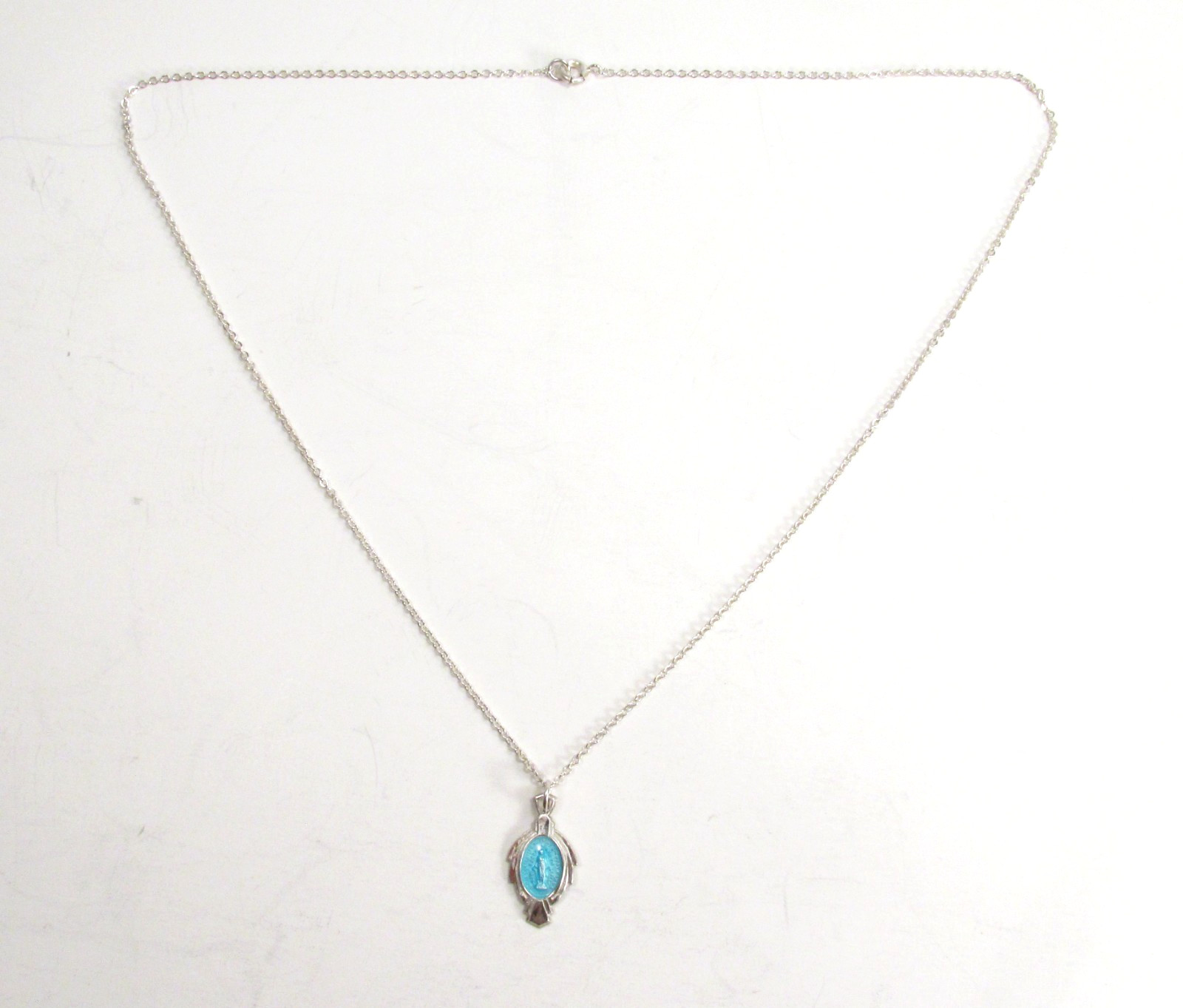 Vtg Catholic Miraculous Medal Sterling Silver Blue Enamel Art Deco Necklace 18″
