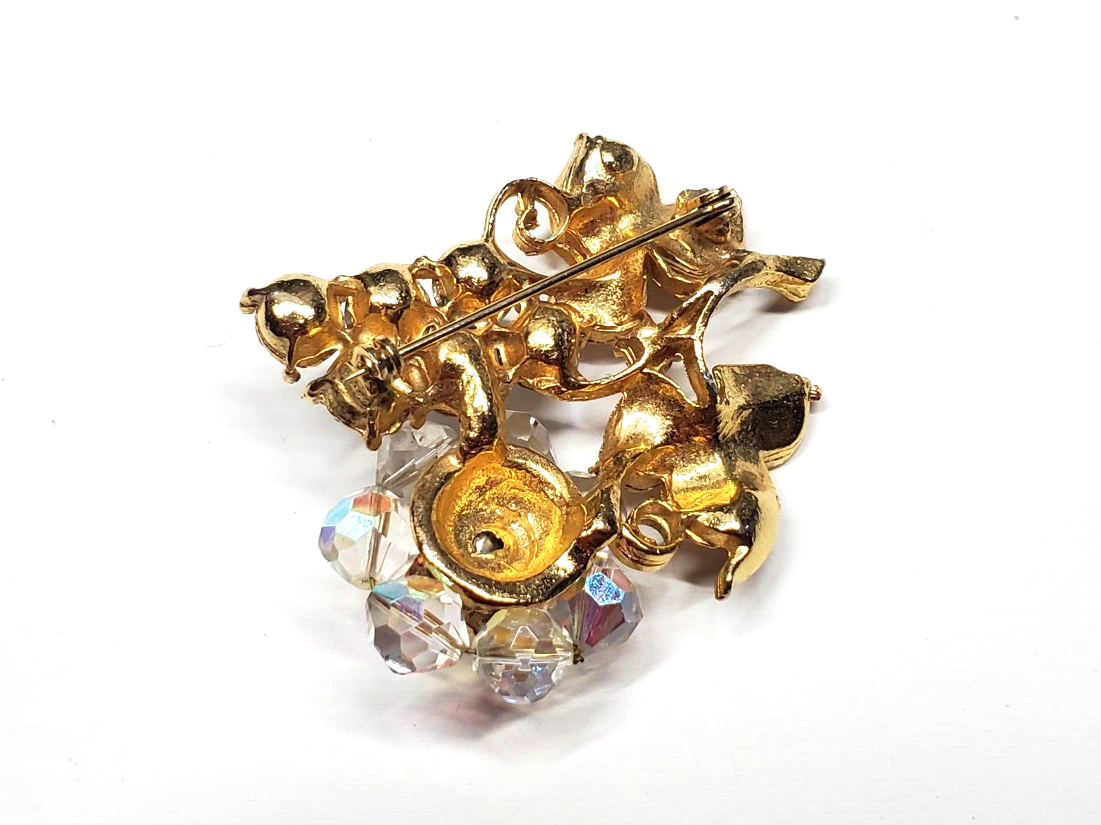 Vintage High End Aurora Borealis Rhinestone Bead Brooch Grape Cluster Leaves