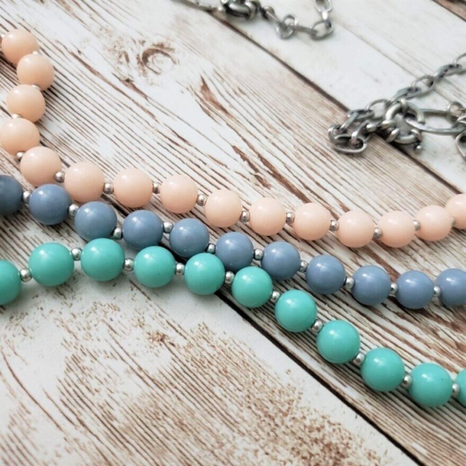 Vintage Necklace – Three Strand Layered Light Pink, Blue and Turquoise Tones