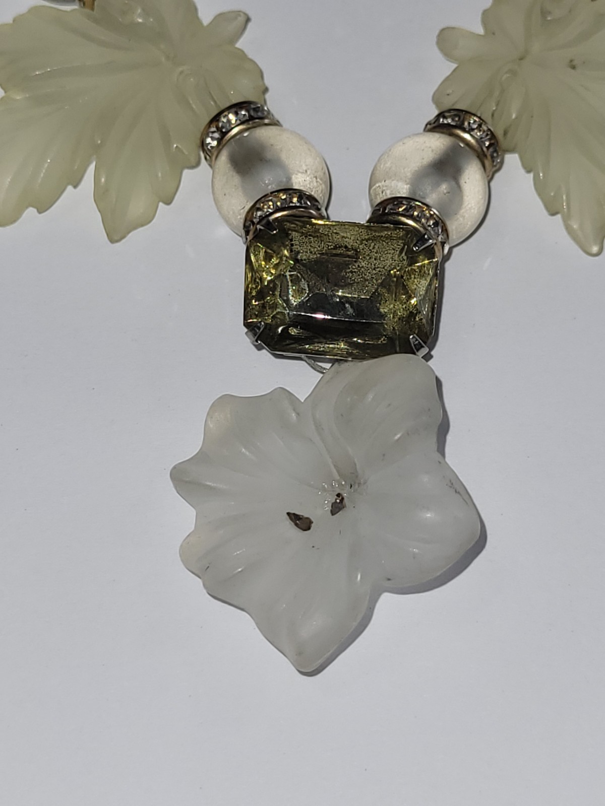 Vintage Carved Lucite Maple Leaf Necklace Clear Crystal Beaded Statement Jewelry
