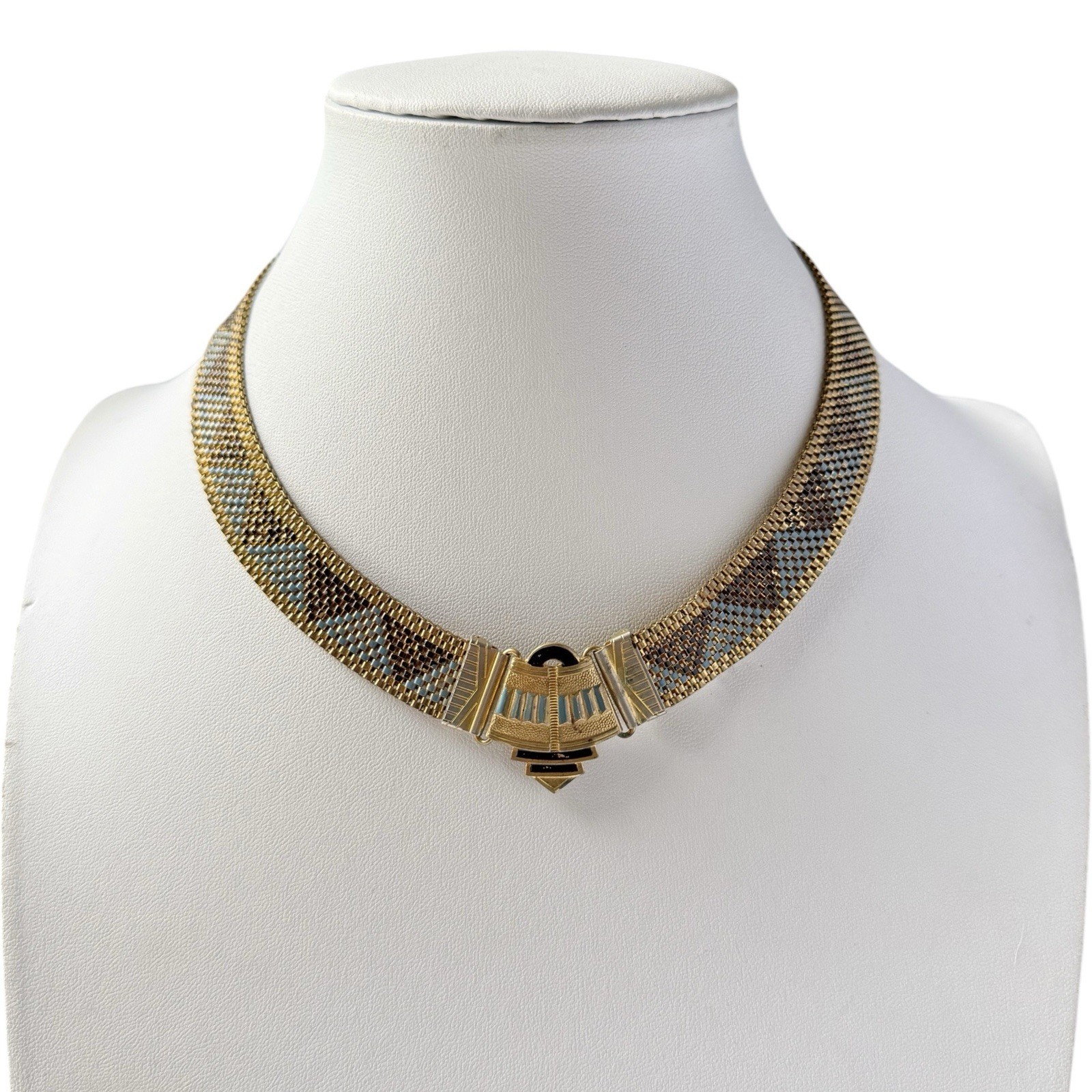 Antique Art Deco Egyptian Revival Enamel Geometric Mesh Collar Necklace 16”
