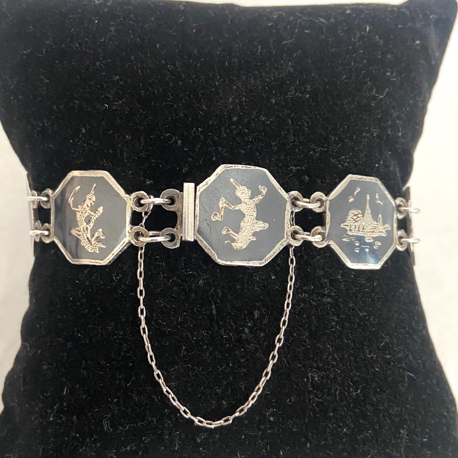 VTG Siam Sterling Silver 925 Niello Black Enamel Panel Bracelet 6.75″