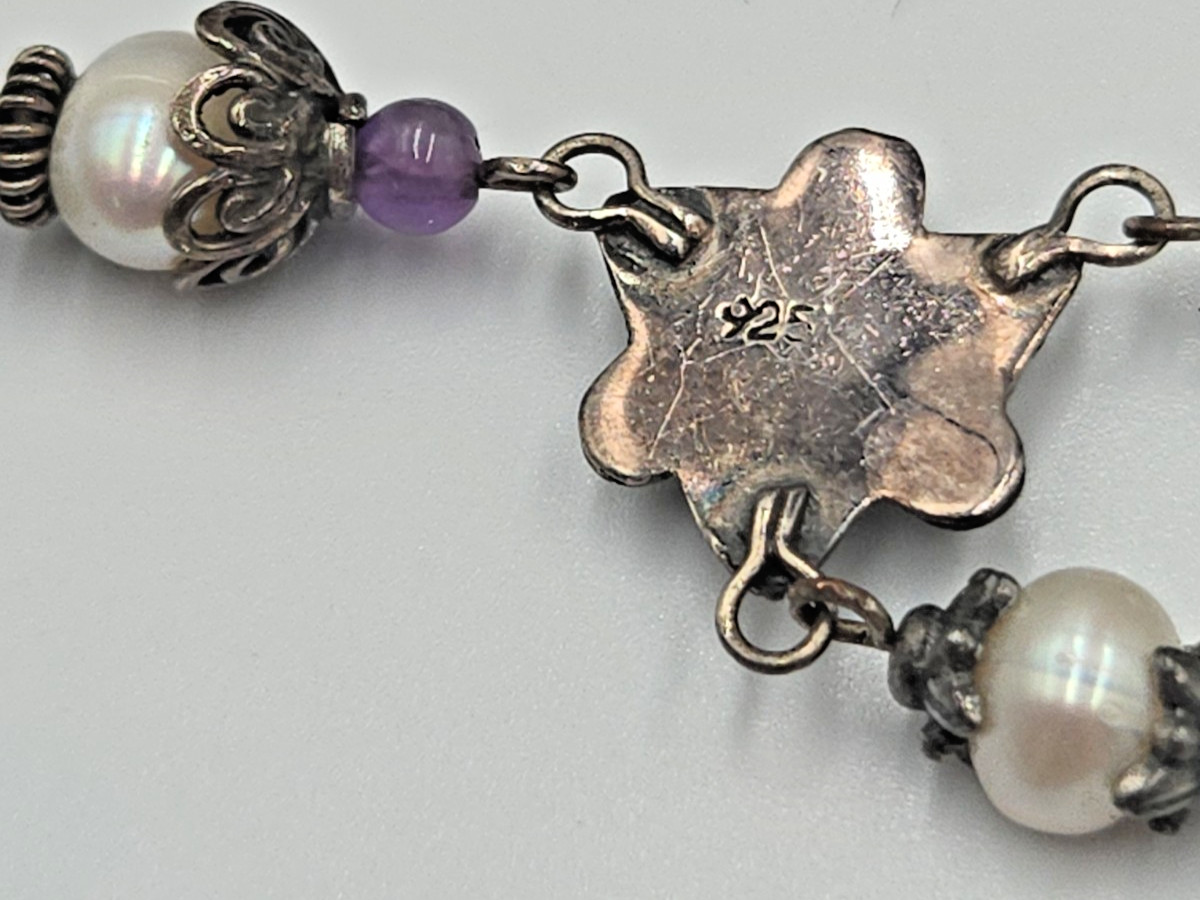 Vintage Artisan Sterling Pearl & Gemstone Drop Necklace Boho Floral .925