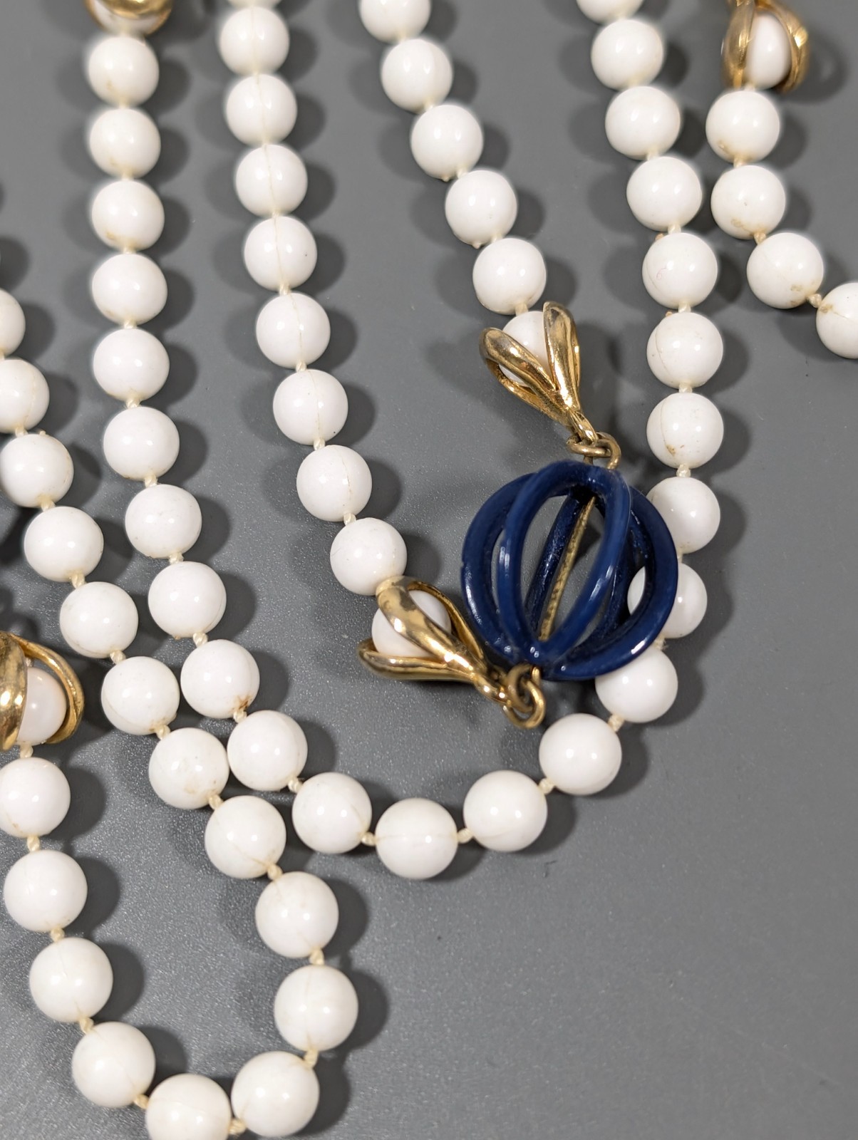 Vintage White Beaded Very Long Necklace Blue Accent Layering 54 in Opera