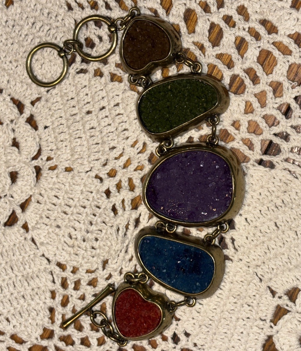 Vintage Handmade 5 Color Geode & Brass Link Chunky Bracelet Toggle Clasp BOHO