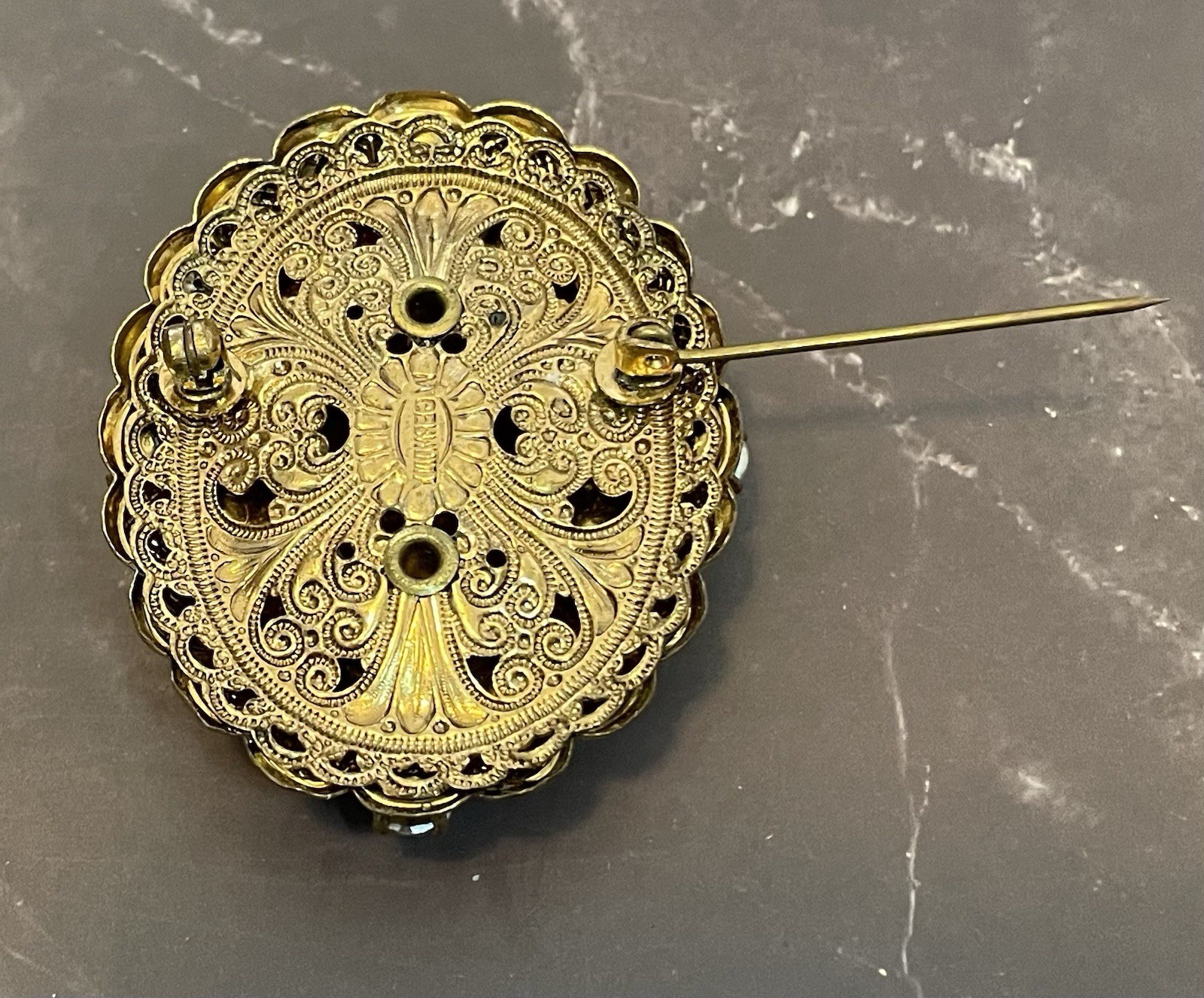 20th Century W German Gold Filigree Carved Glass Cameo Austrian Crystal Brooch