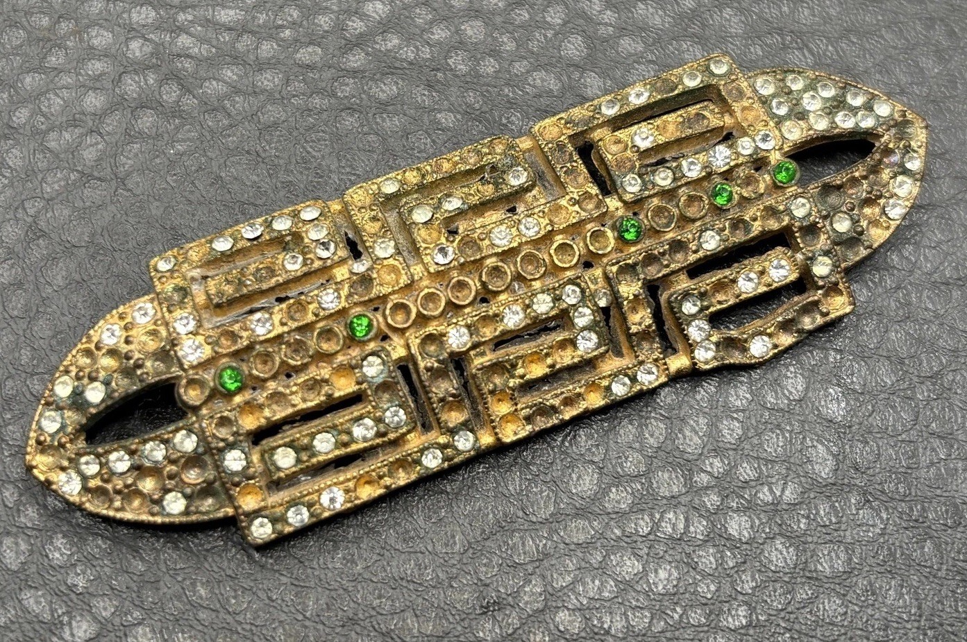 APEX Art Deco Rhinestone Gold Tone Pot Metal Dress Clip Brooch Vintage READ
