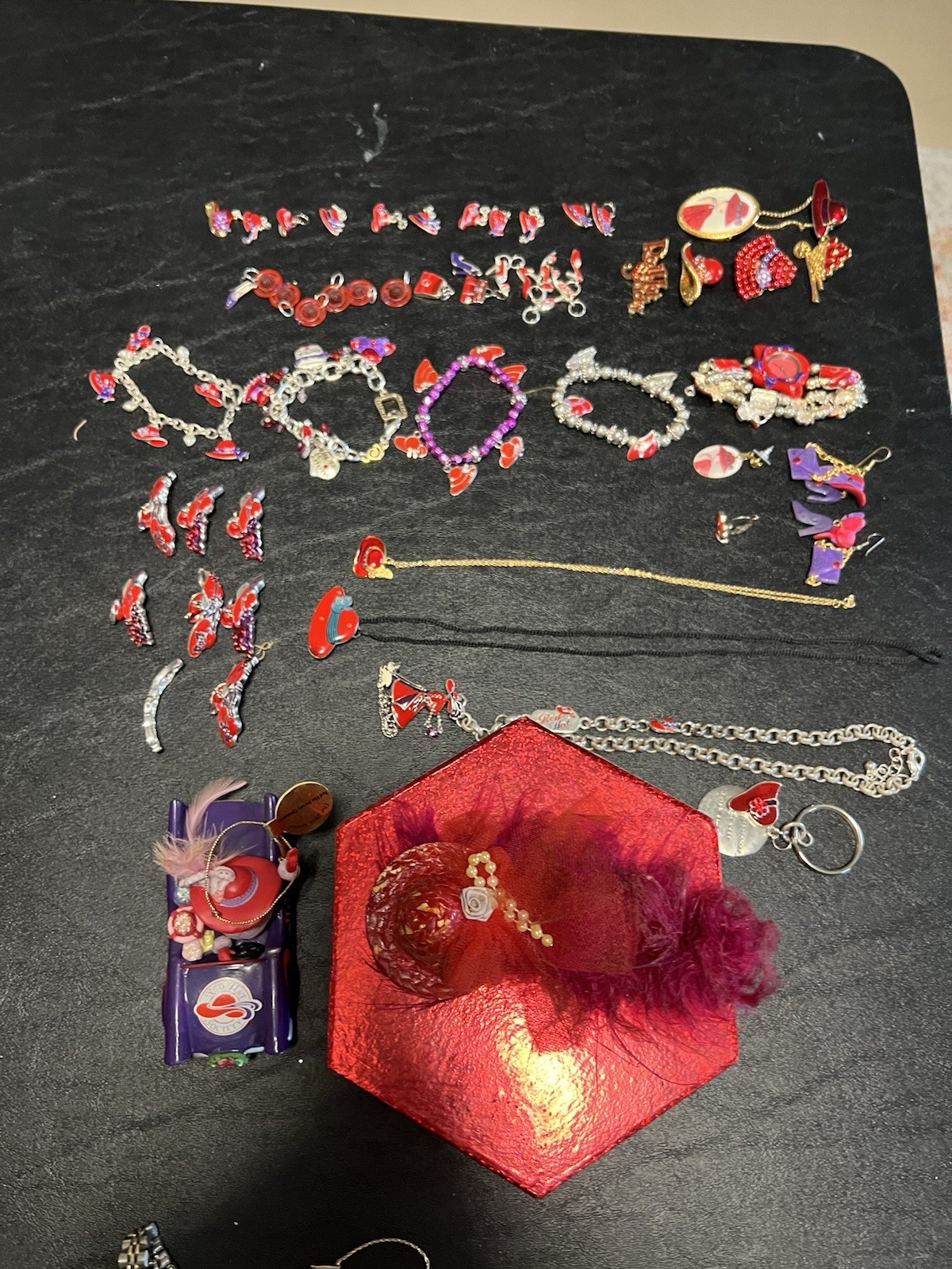 Red Hat Society Jewelry Lot Of 54 Brooches Bracelets Watch Necklaces Charms Box