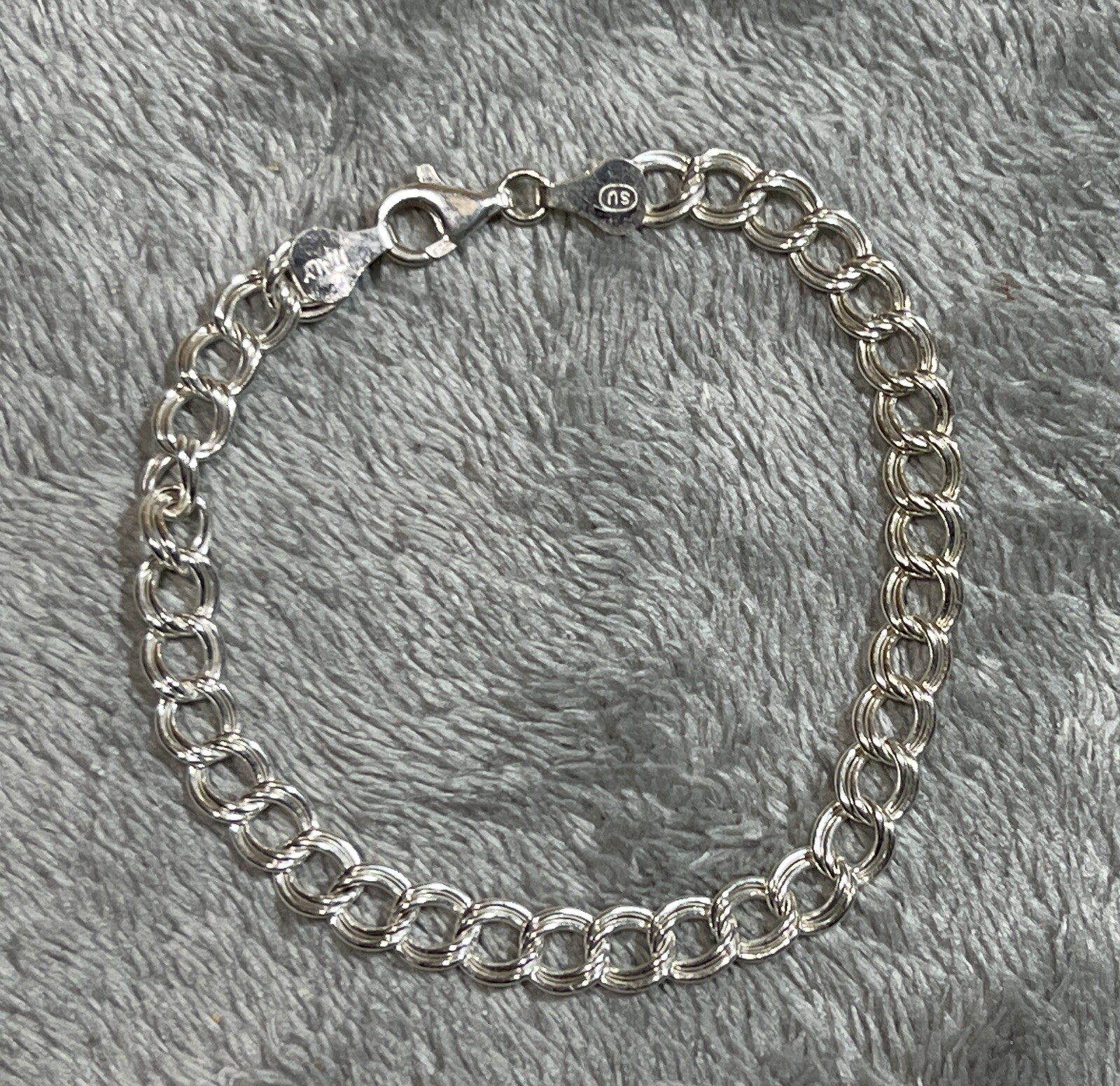 Vintage 925 Sterling Silver Double Link Charm Bracelet 7.25″ SU Stamped !!