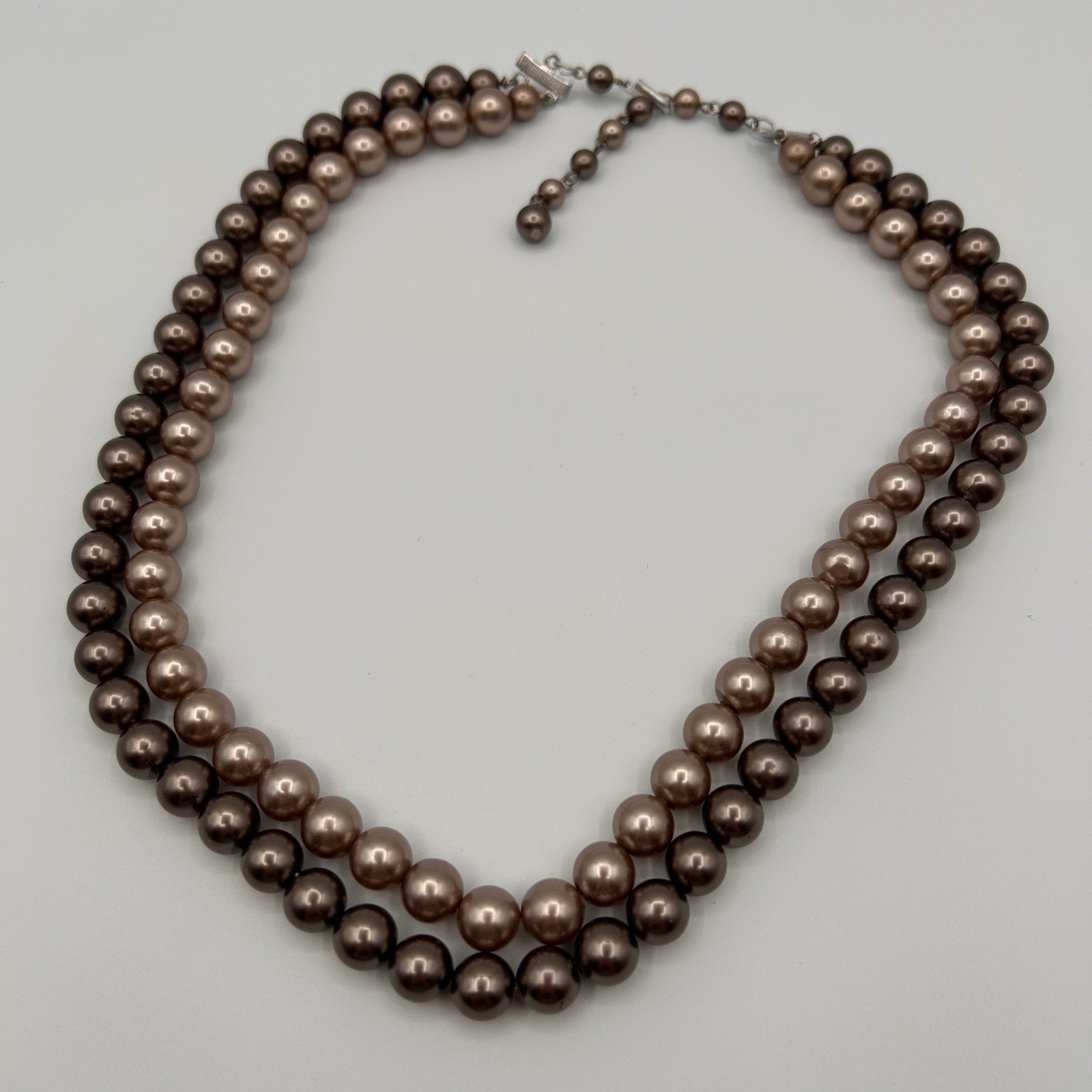 Vintage Hong Kong Double Strand Bronze Faux Pearl Necklace Mocha Brown Graduated