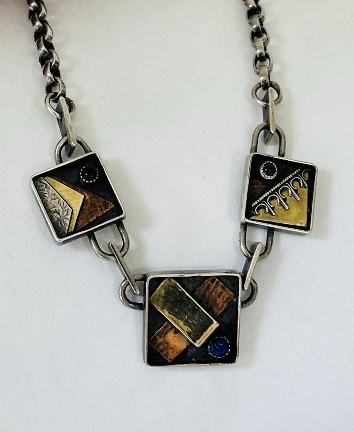 Vintage Signed Modernist Mixed Metal Sterling Silver Stone Link Necklace 32Grams