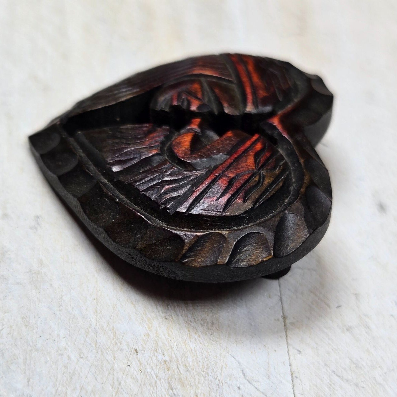 Vtg Hokkaido Wood Carved Heart brooch Artist signed Rare Jewelry dated 1965