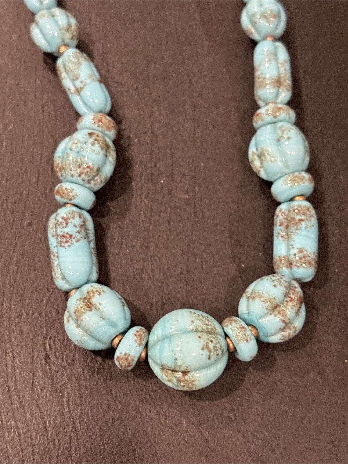 Antique Faux Turquoise Slag Glass Bead Beaded 16 1/2″ Necklace Textured Beads