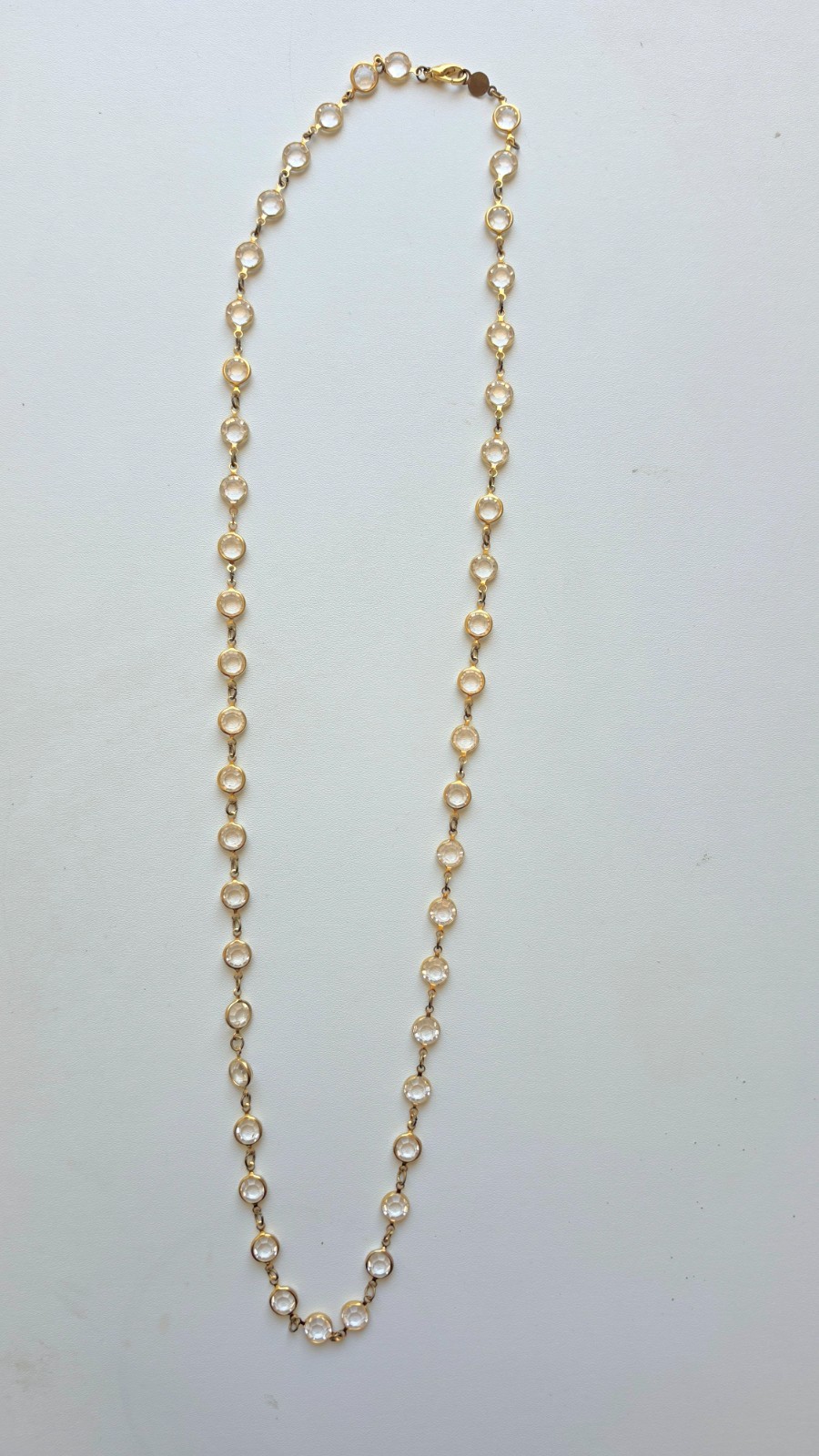 Vintage Clear Austrian Crystal USA Necklace 34″ Gold Tone Open Bezel