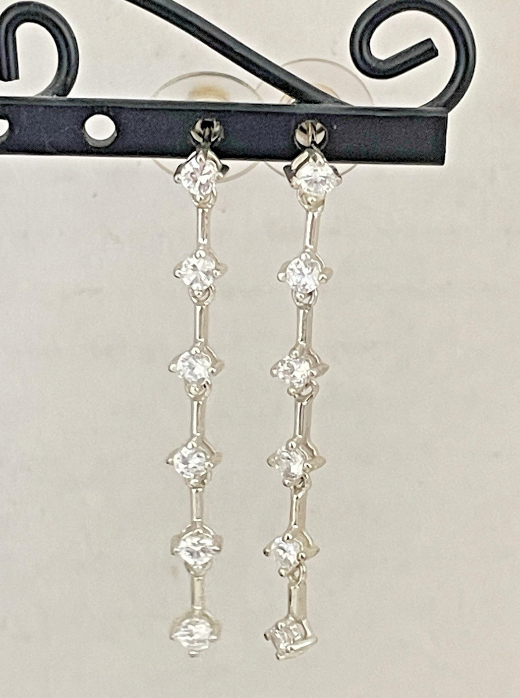 925 Signed Clear Crystal Dangle drop Linear 1 3/4″ long Post Pierced Earrings