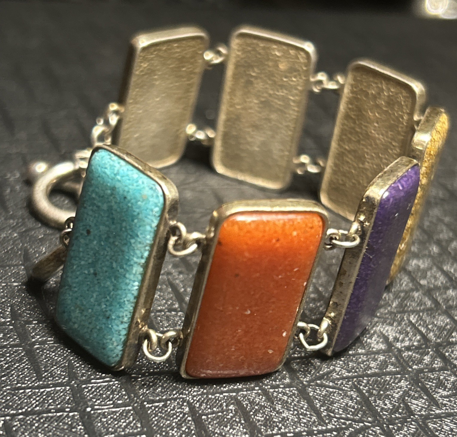 VTG Sterling Silver Multi Natural Crushed Gemstone Panel Bracelet Rectangle 925