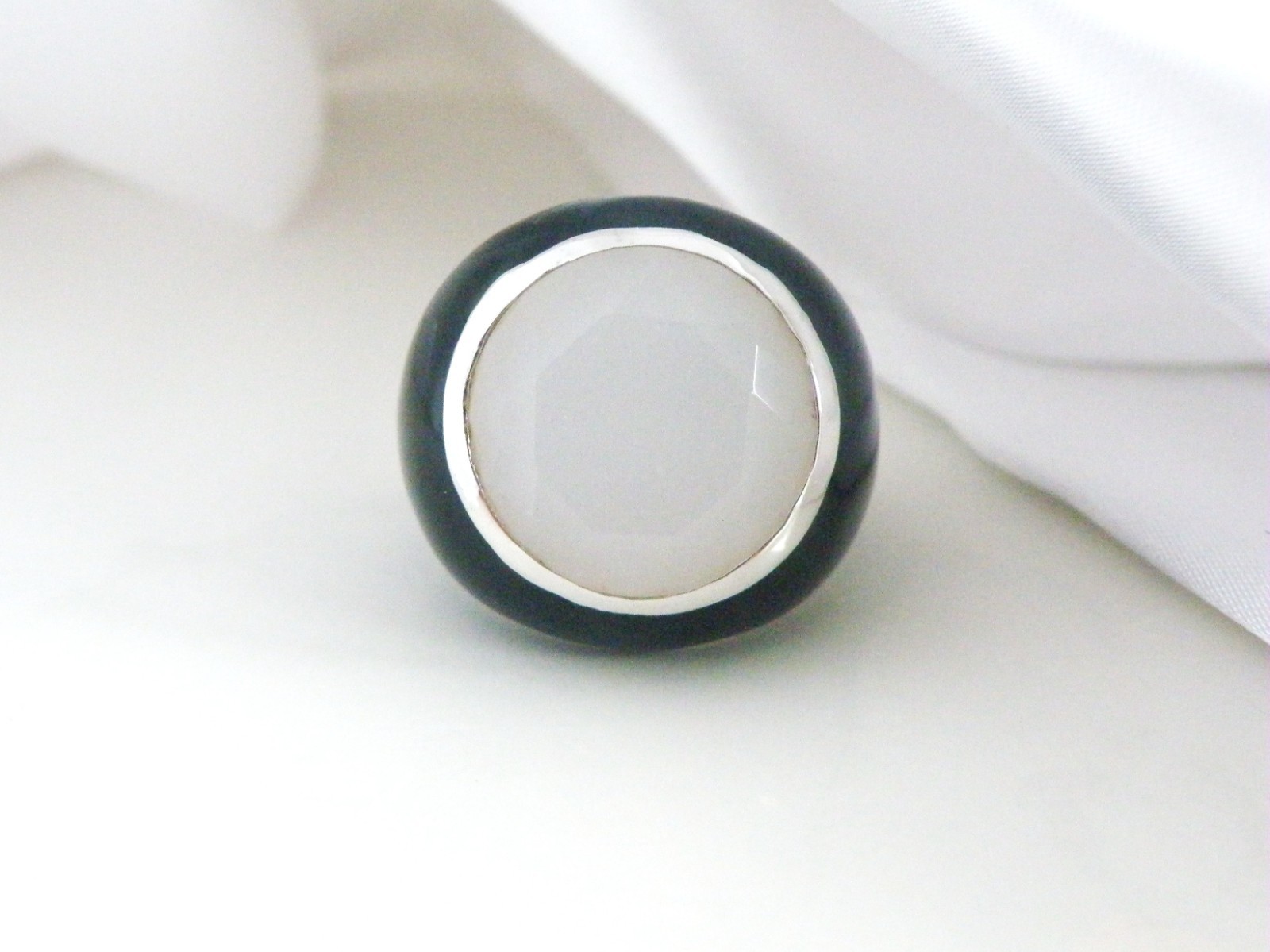 Vintage Sterling Silver 925 Quartz Black Enamel Bubble Statement Ring Size 8