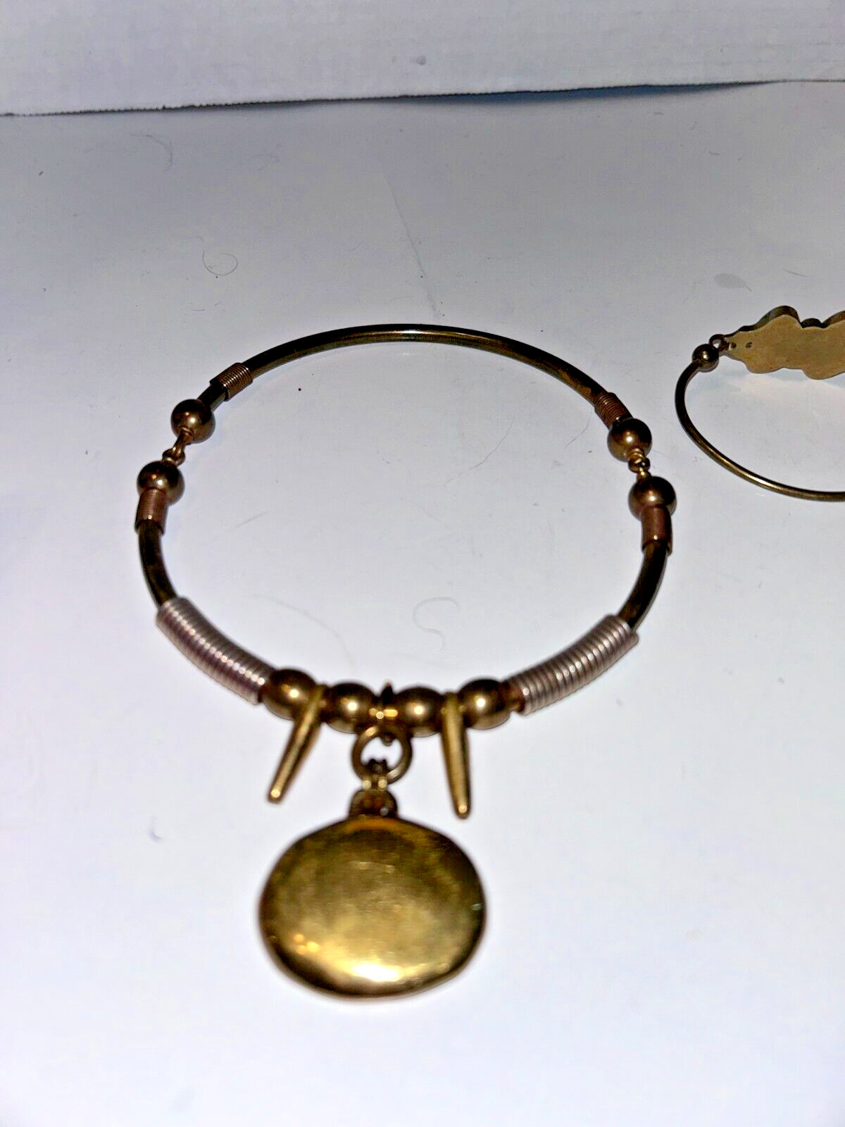 Vintage UNIQUE BRASS STONE INLAY ARTISAN NECKLACE CHOCKER & BRACELET HEAVY