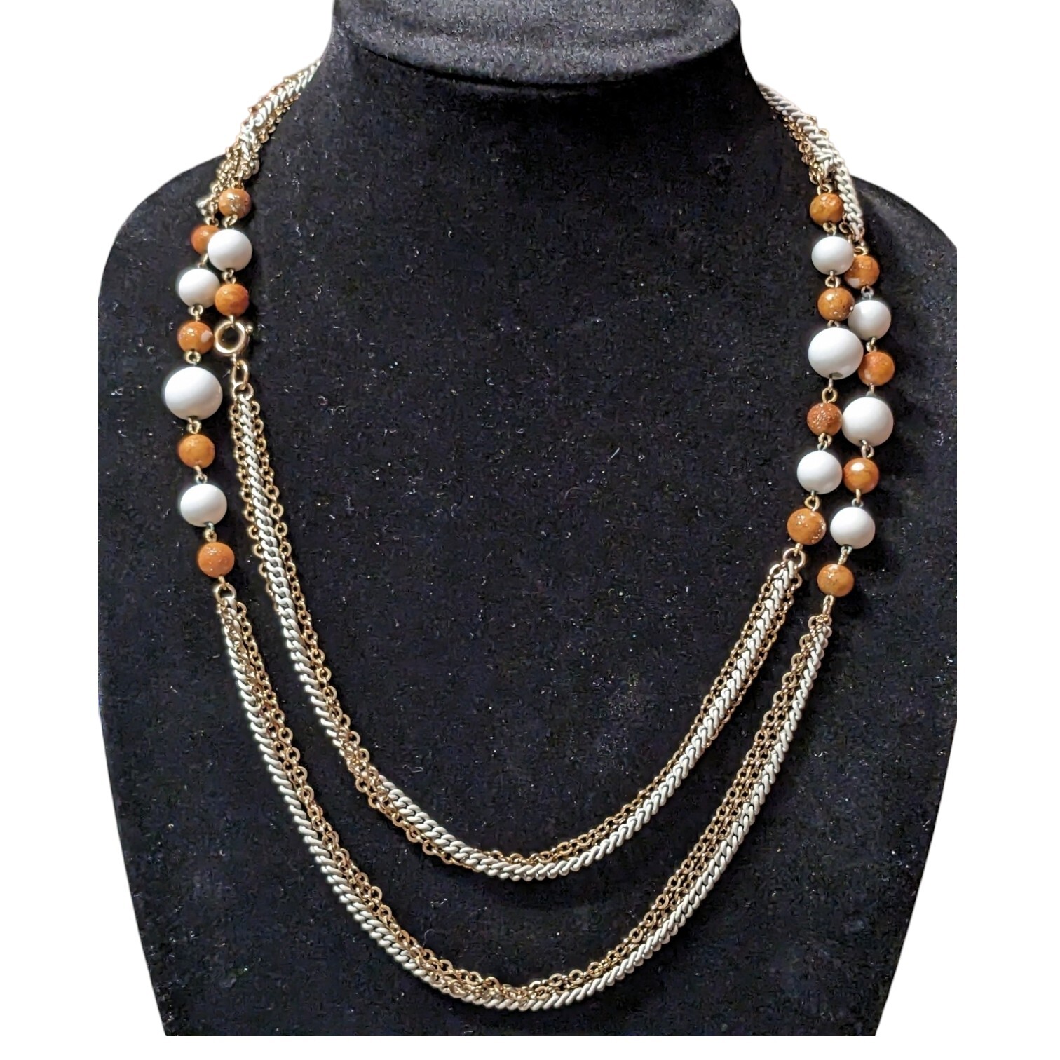 Gold Tone And White Chain 49″ Orange And Cream Bead Stations Necklace Or Belt