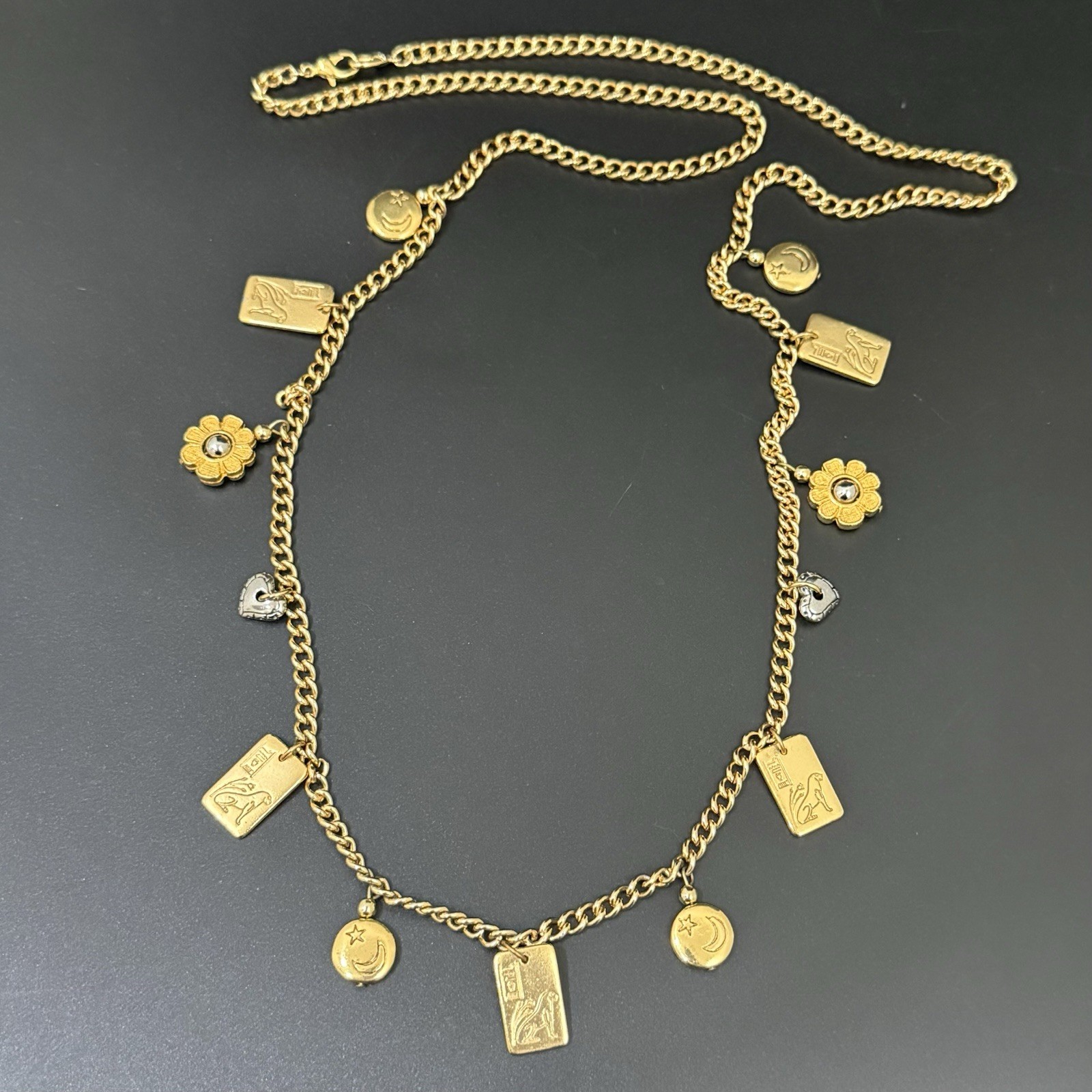 Vintage LCI Liz Claiborne Gold-tone Tarot Flower Star Moon Charm 38”Necklace 83g