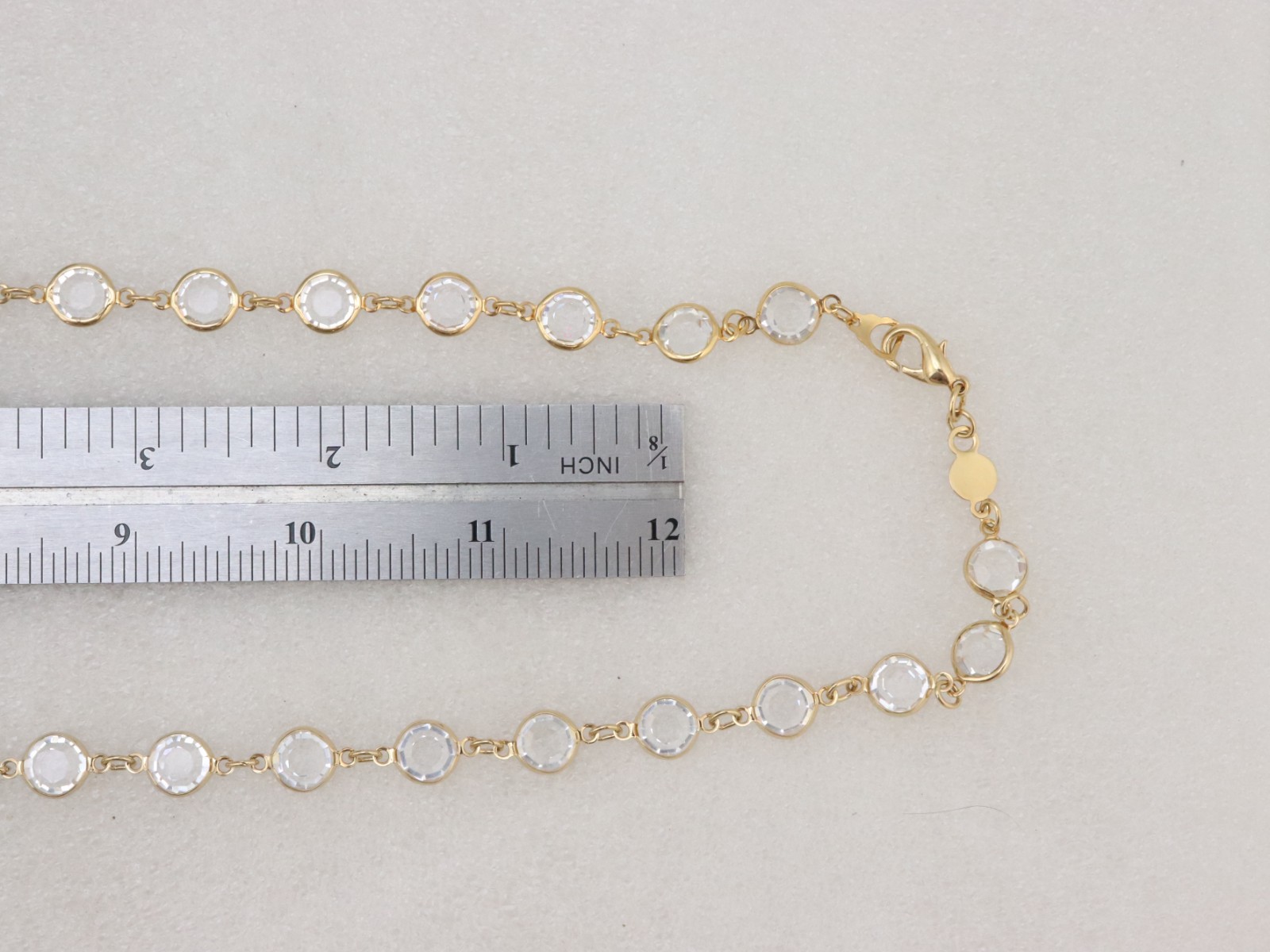 34″ Long 9mm Clear Crystal Bezel Rhinestone Necklace Signed AUSTRIAN USA Gold Tn