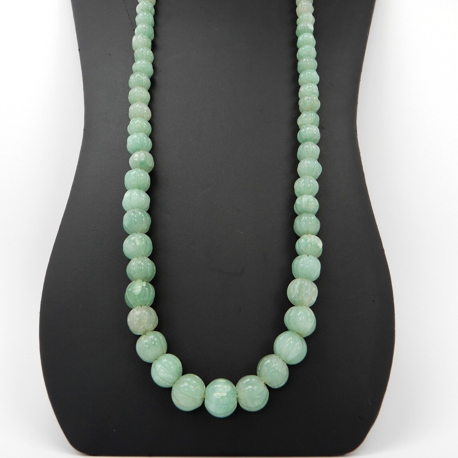 Carved Green Jade Graduated 12mm Pumpkin Bead Necklace 30” Barrel Clasp 124 gr