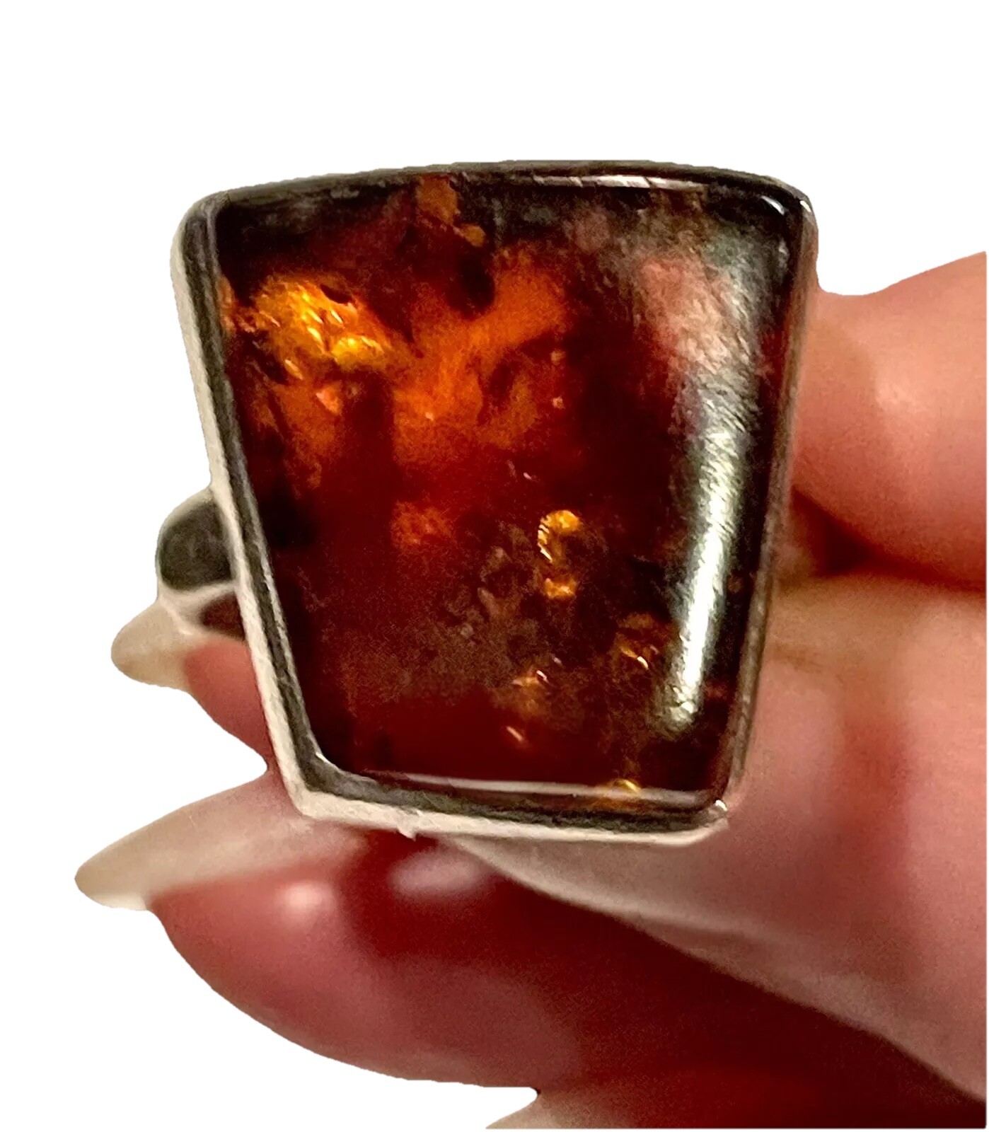 Vintage Baltic Sea COGNAC AMBER Ring Sz 6 Brutalist Sterling Silver 10g Nice EUC