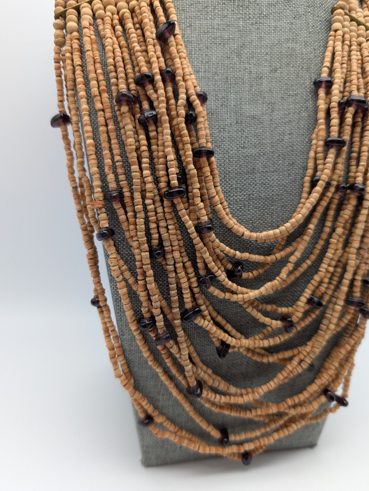 Vintage Boho Multi Strand Wooden Cork Purple Glass Beaded Statement Necklace