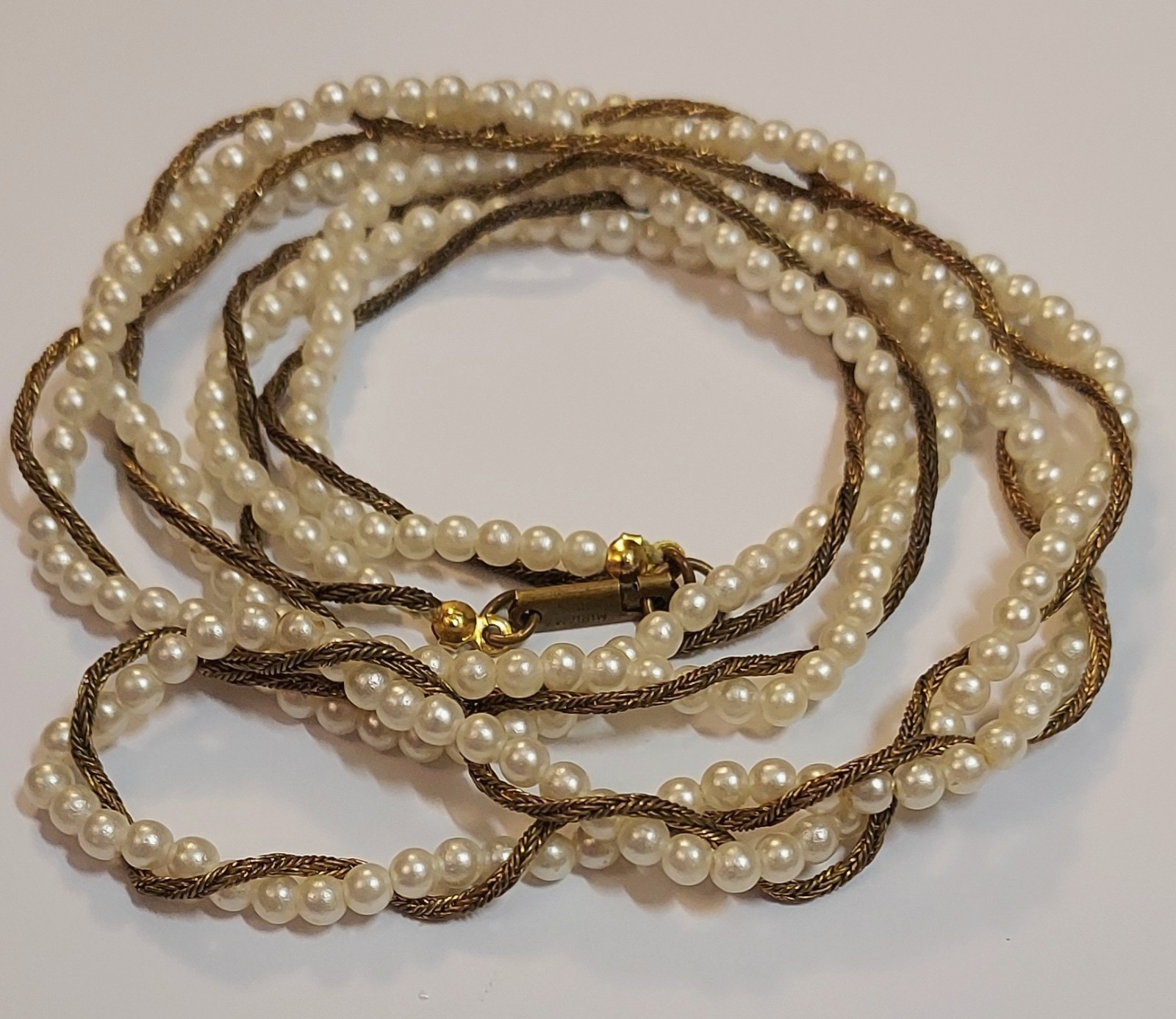 Miriam Haskell Vintage Necklace Faux Pearl Wheat Chain Bronze Tone Signed 34″