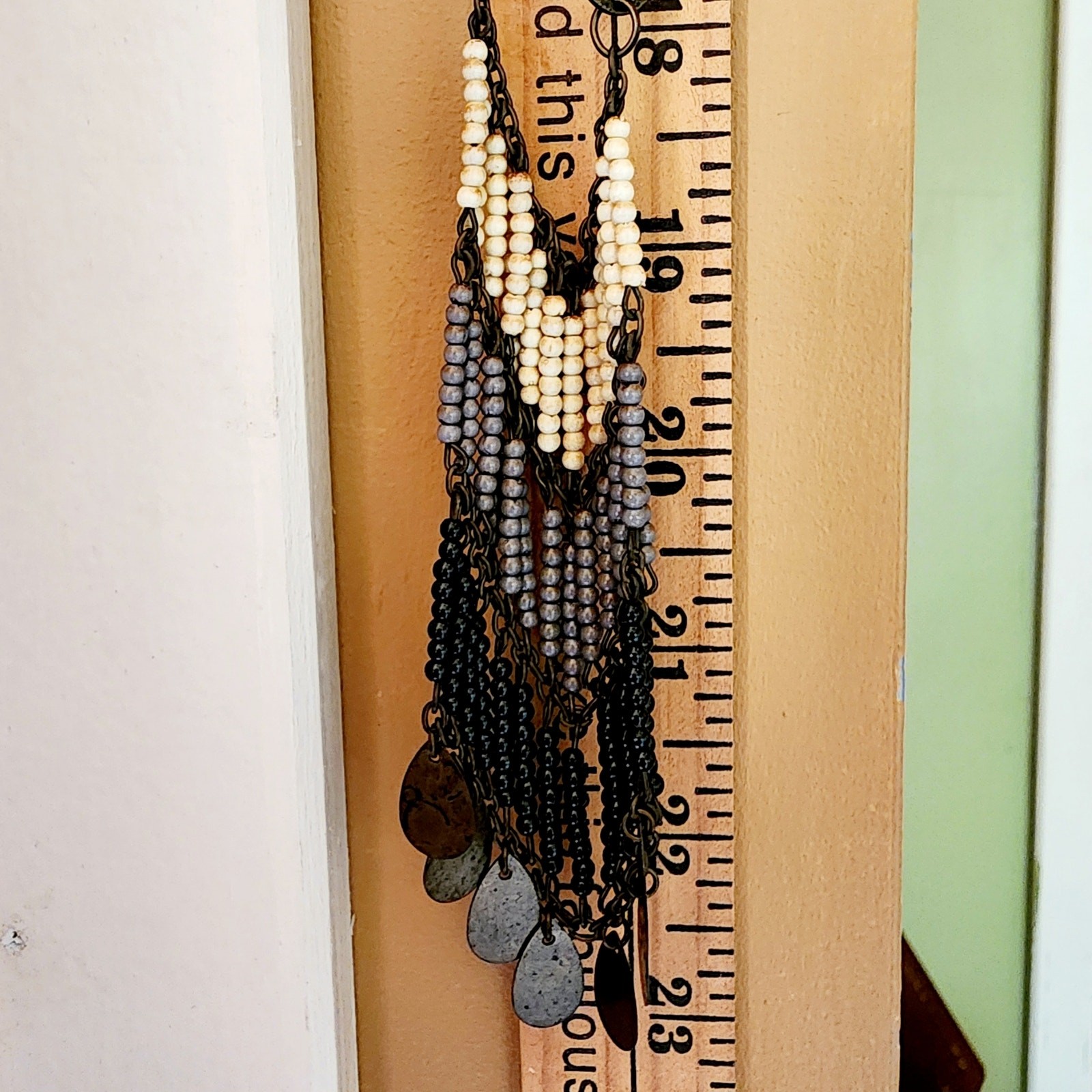 1970s Boho Fringe Beaded Necklace Brass Coin Dangles 38” Long Layering Chain