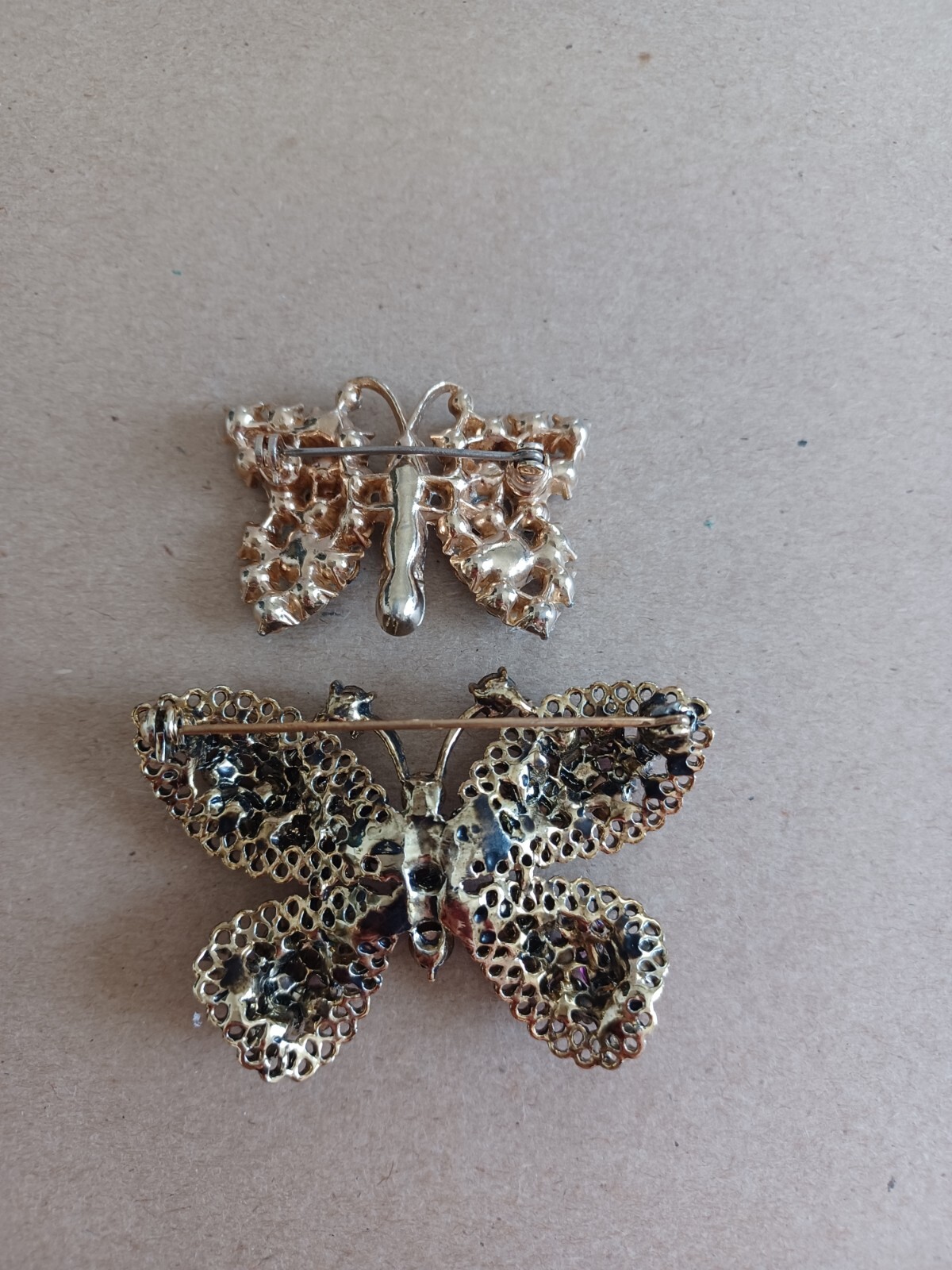 Vintage Lot Of 2 Rhinestone Butterfly Pins Brooches Pink Purple And Blue Milky