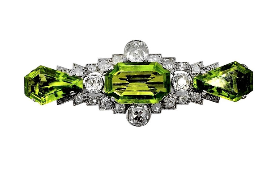 Beautiful Vivid Green Peridot & Lab-Created White Diamonds Art Deco Brooch Pin