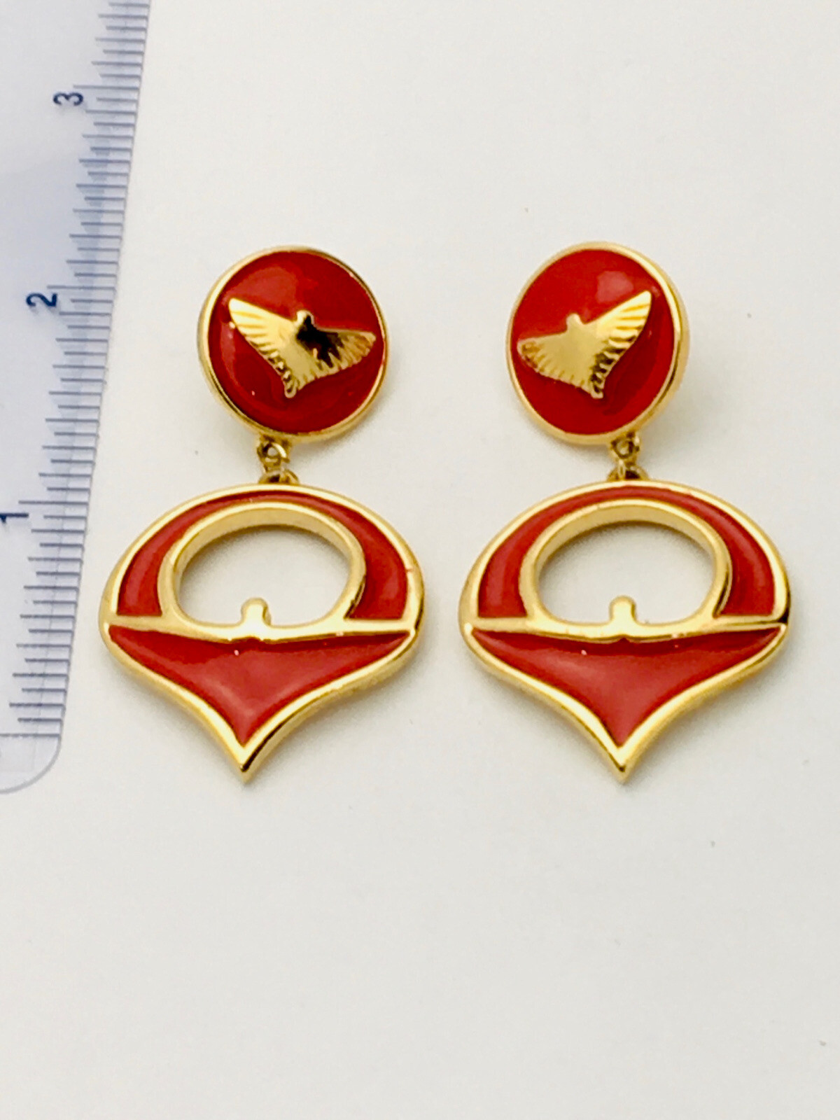 Signed Capezio Vintage Gold Red Enamel Earrings