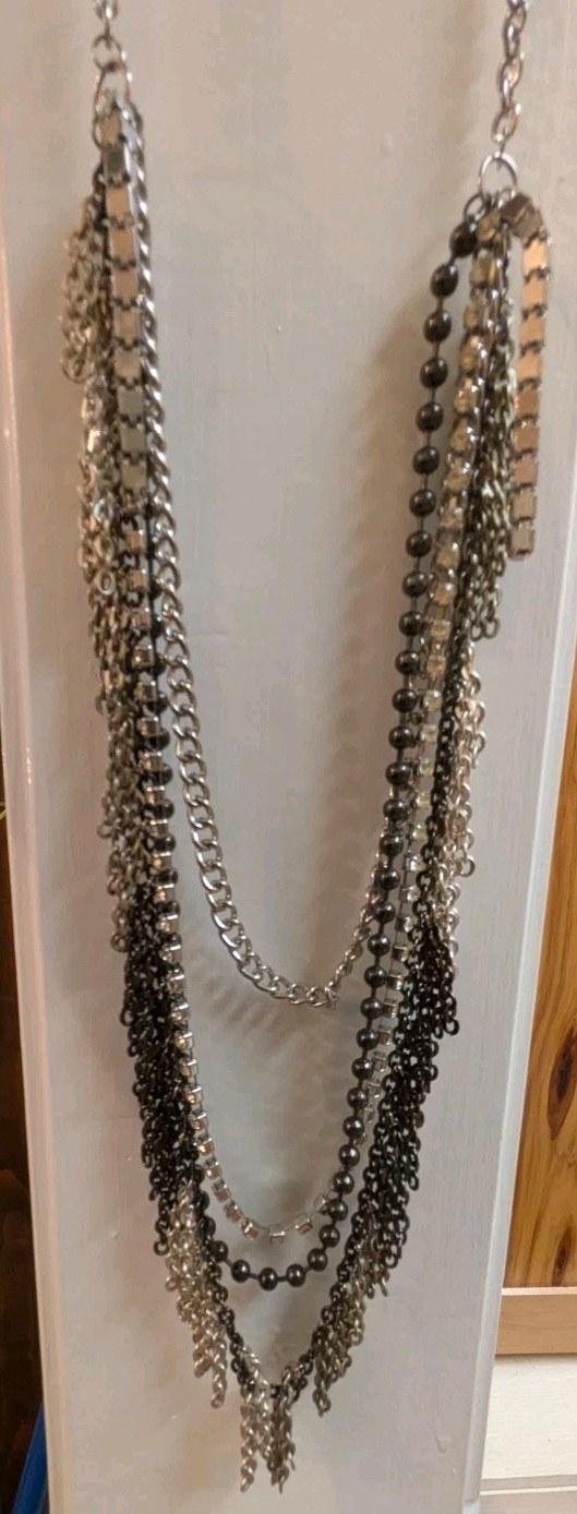 VTG Rock Punk Gothic 4 Layers Blk, Silver, Rhinestone, Fringe, Chain necklace