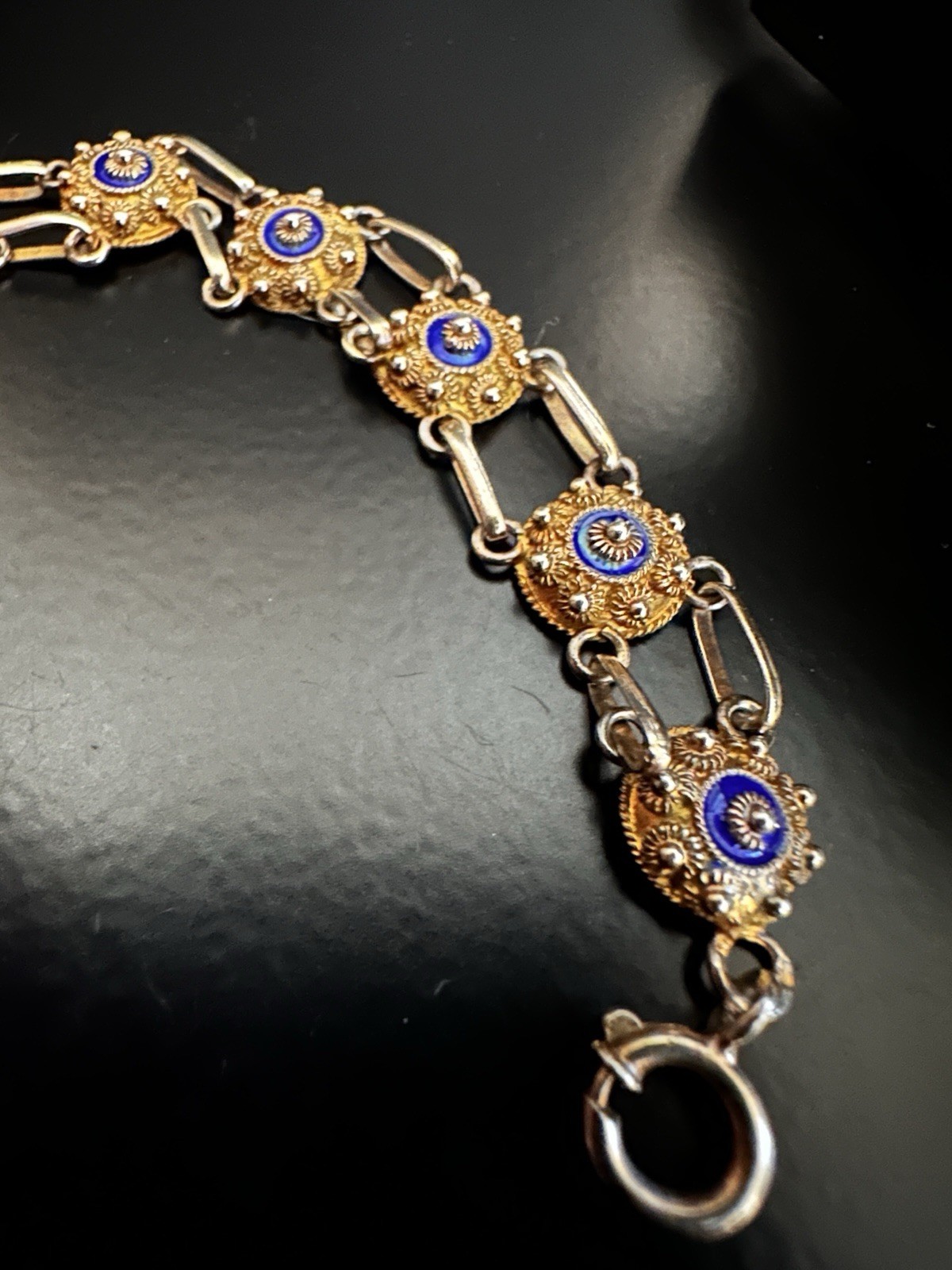 Vintage Chinese Export 925 Sterling Vermeil Cobalt Enamel Cannetille Bracelet