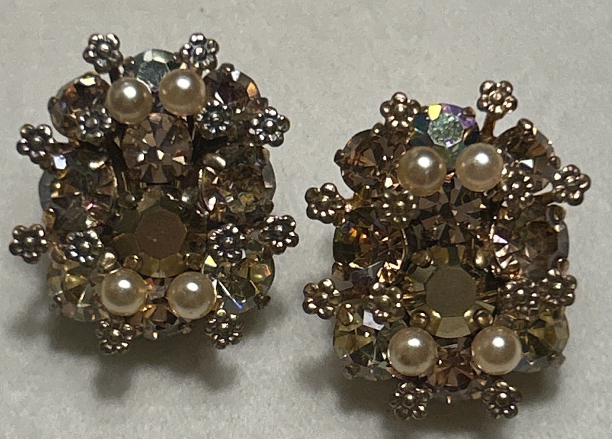 Vintage Austria Bronze Rhinestone & Pearl Cluster Earrings Clip On AB Crystal 1”