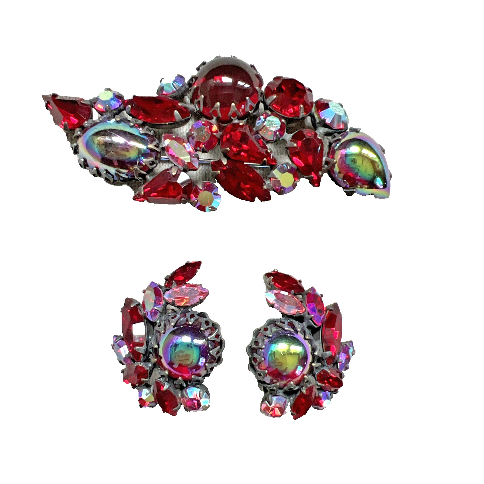 VTG. REGENCY RED & AURORA BOREALIS CABOCHON and RHINESTONE BROOCH & EARRING SET