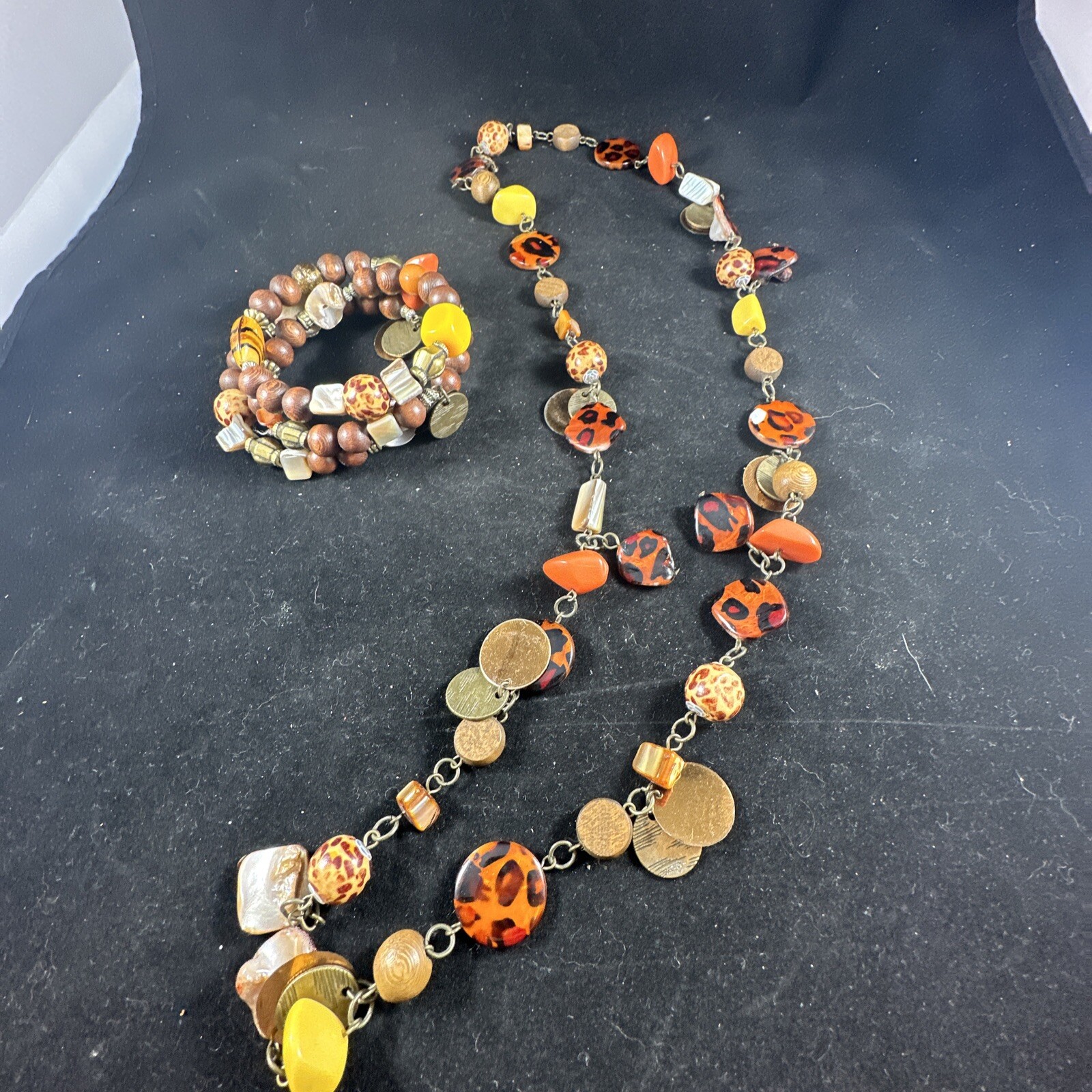 Vintage Boho Glass Wood Ceramic Acrylic Natural Beads Long Necklace & Bracelet
