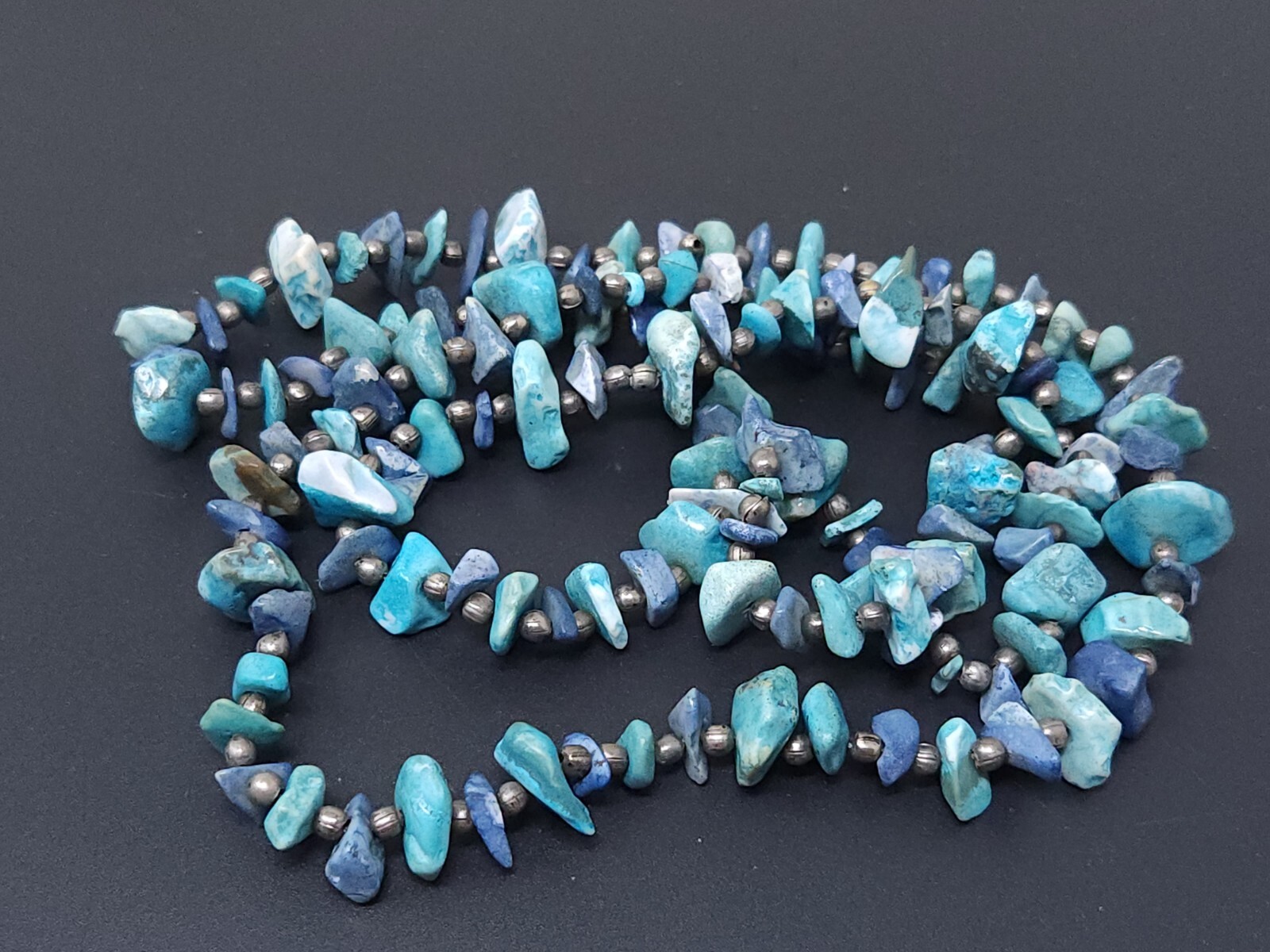 Vintage Silver Lapis Turquoise South Western Beaded Necklace 32″ No Clasp