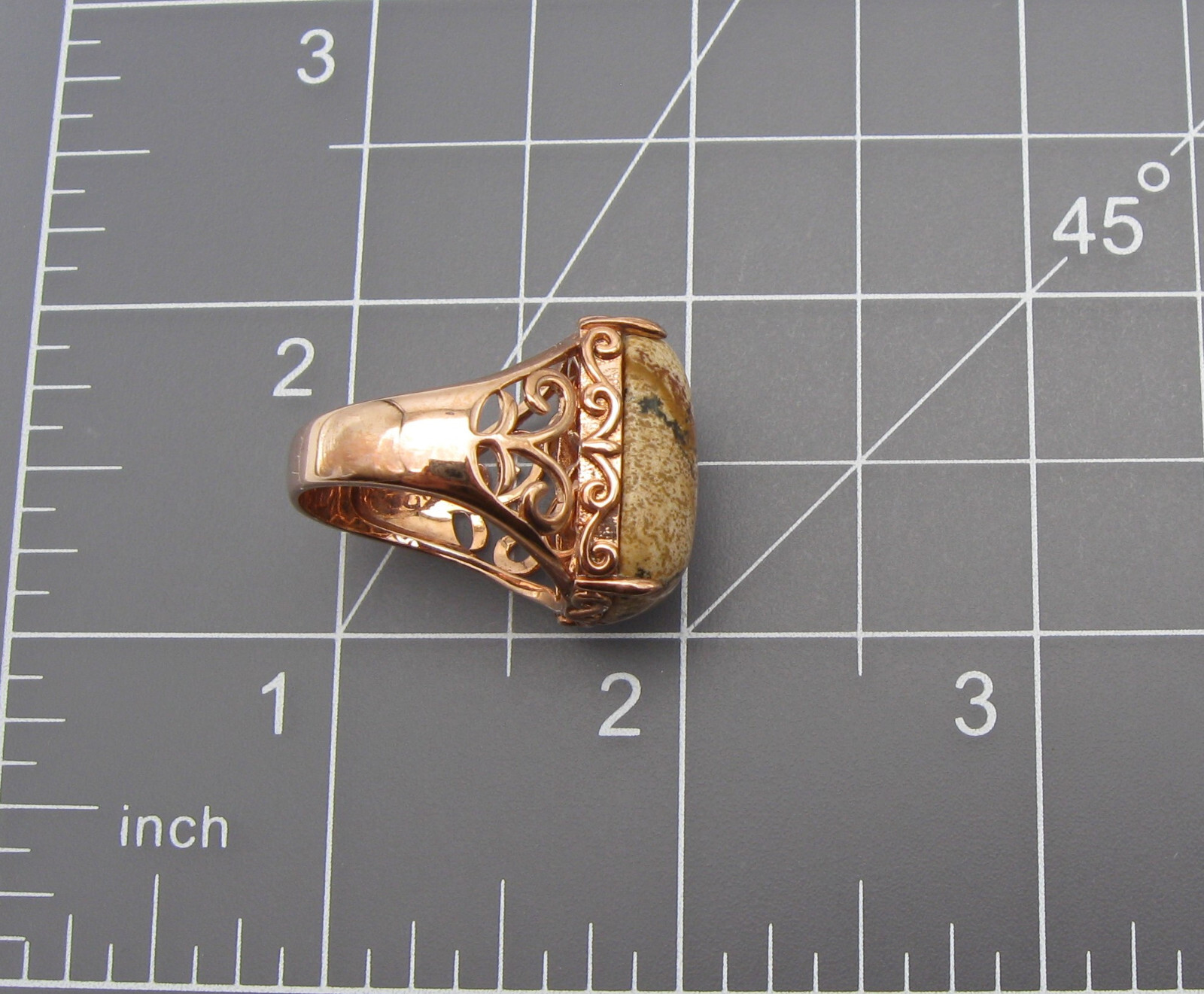 Vintage Jasper Stone Filigree Rose Gold Plated Ring Signed JZ Size 8