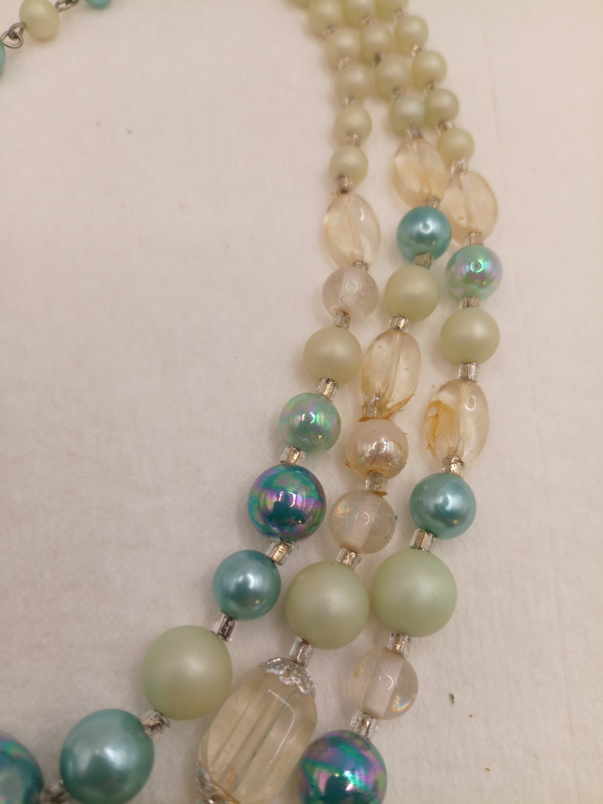 VNTG Japan Shades Of Blue Beaded 3strand Necklace And Matching Clip Earrings