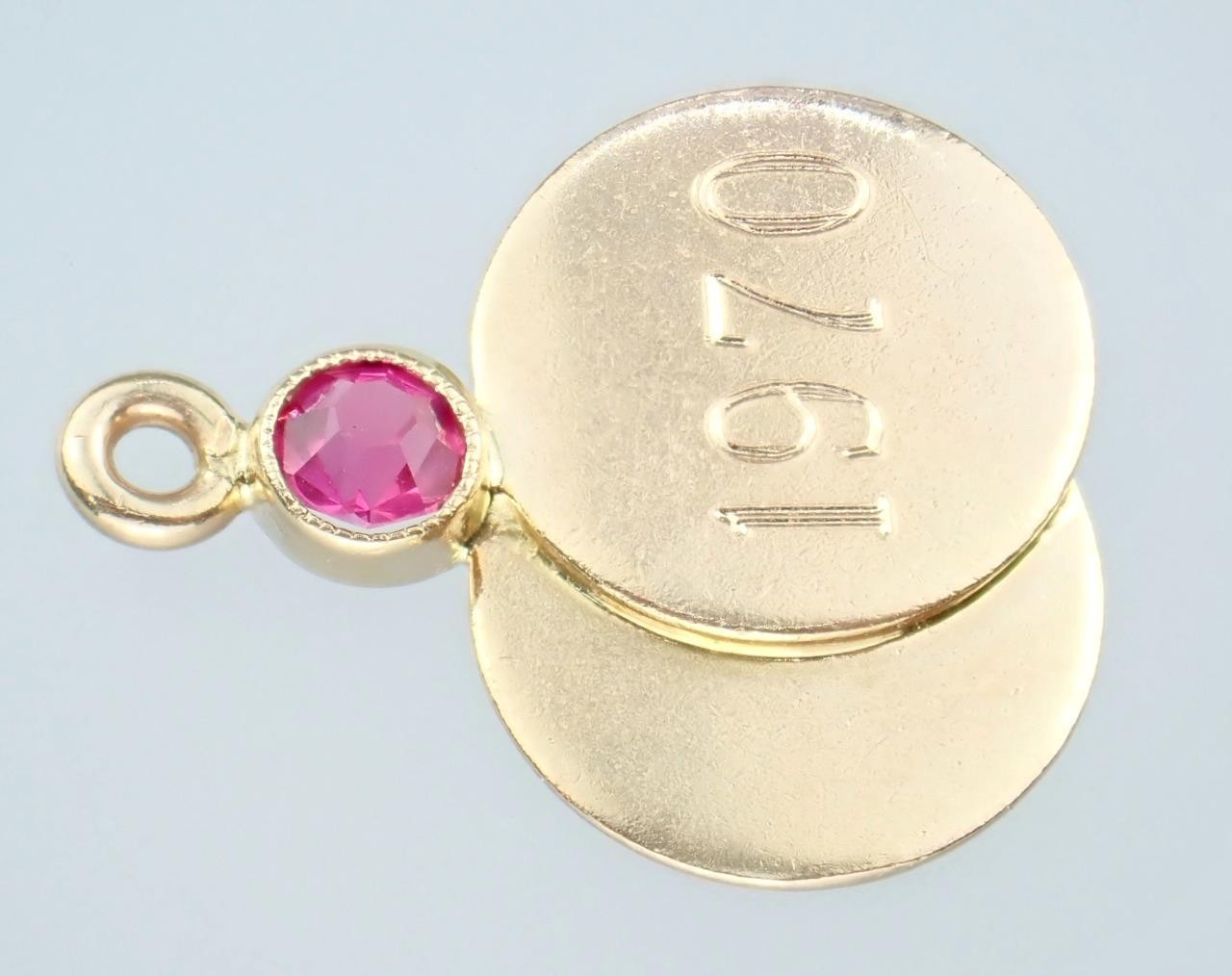 Pretty Vintage Solid 14K Gold Lab Created Ruby Medallions ‘1970’ Charm Pendant