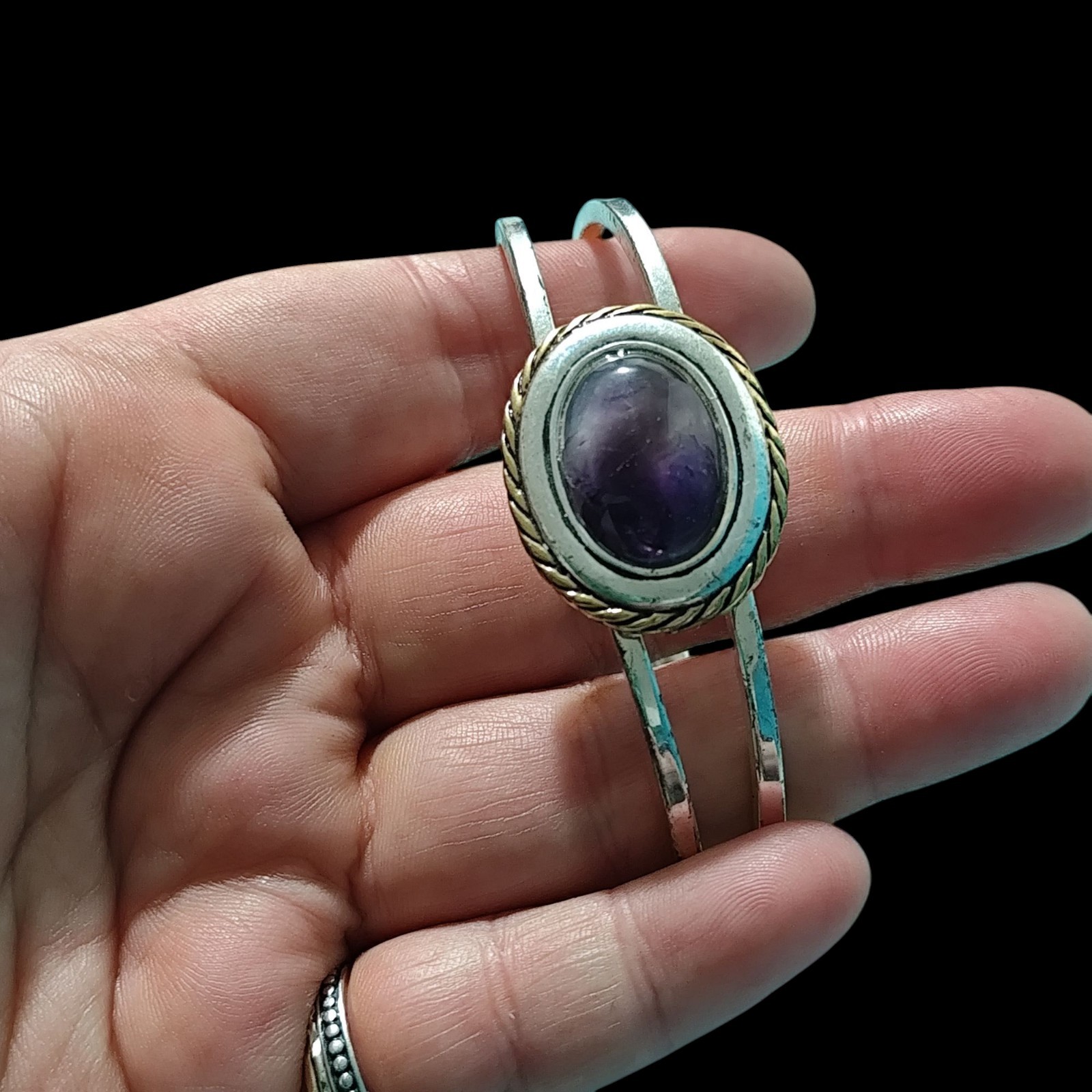 Silver & Gold Plated Purple Fluorite Oval Bangle Bracelet 7.5in