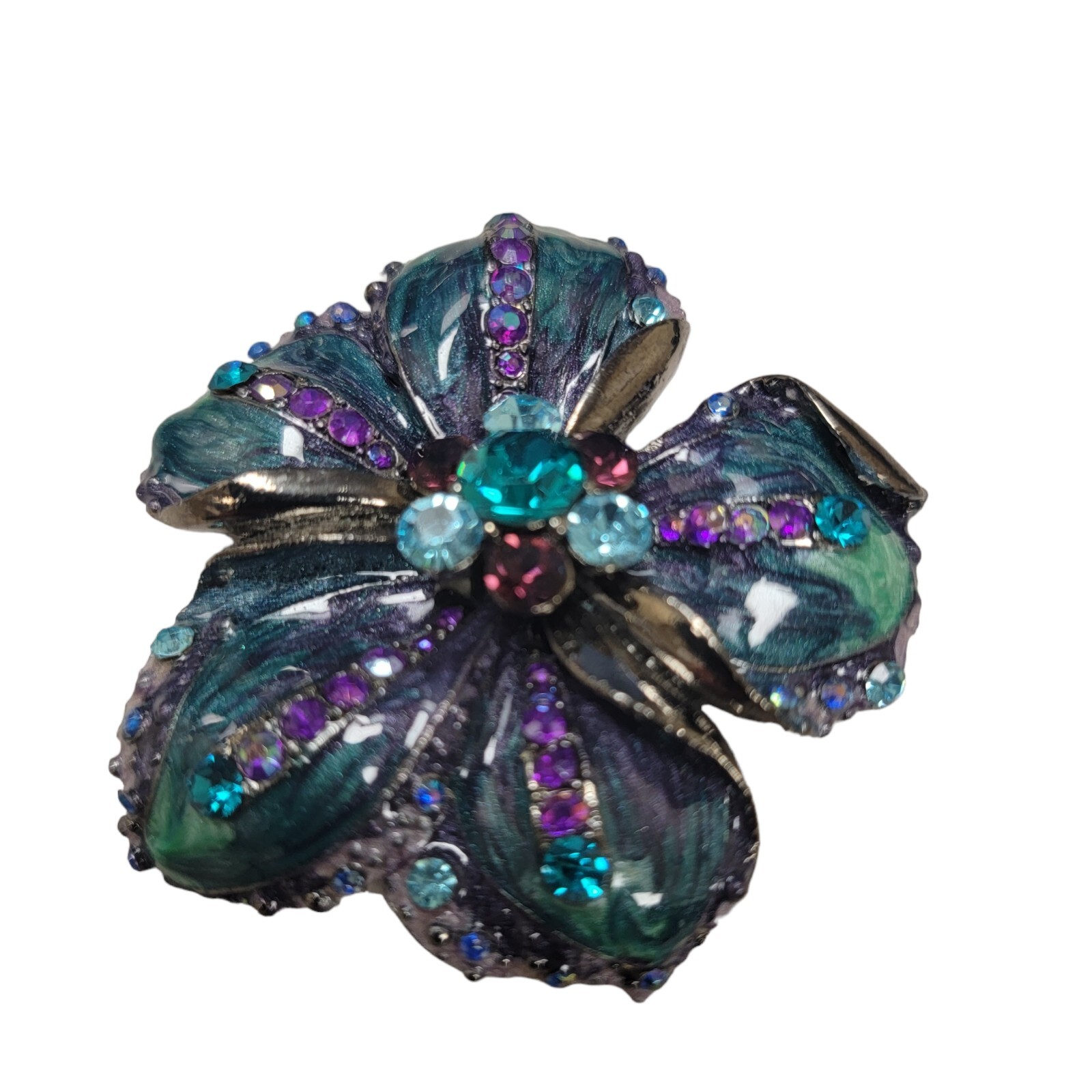 Vtg Estate Brooch 2″ Teal Purple Green Light Blue Rhinestone