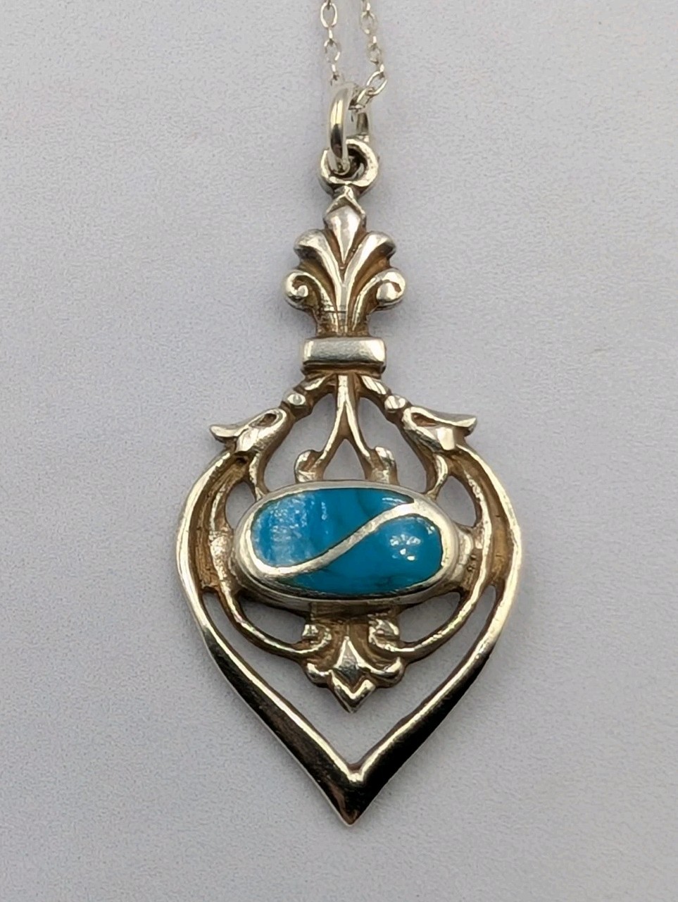 Vtg Sterling Silver Inlay Oval Turquoise Openwork Pendant 19″ Cable 925 Necklace