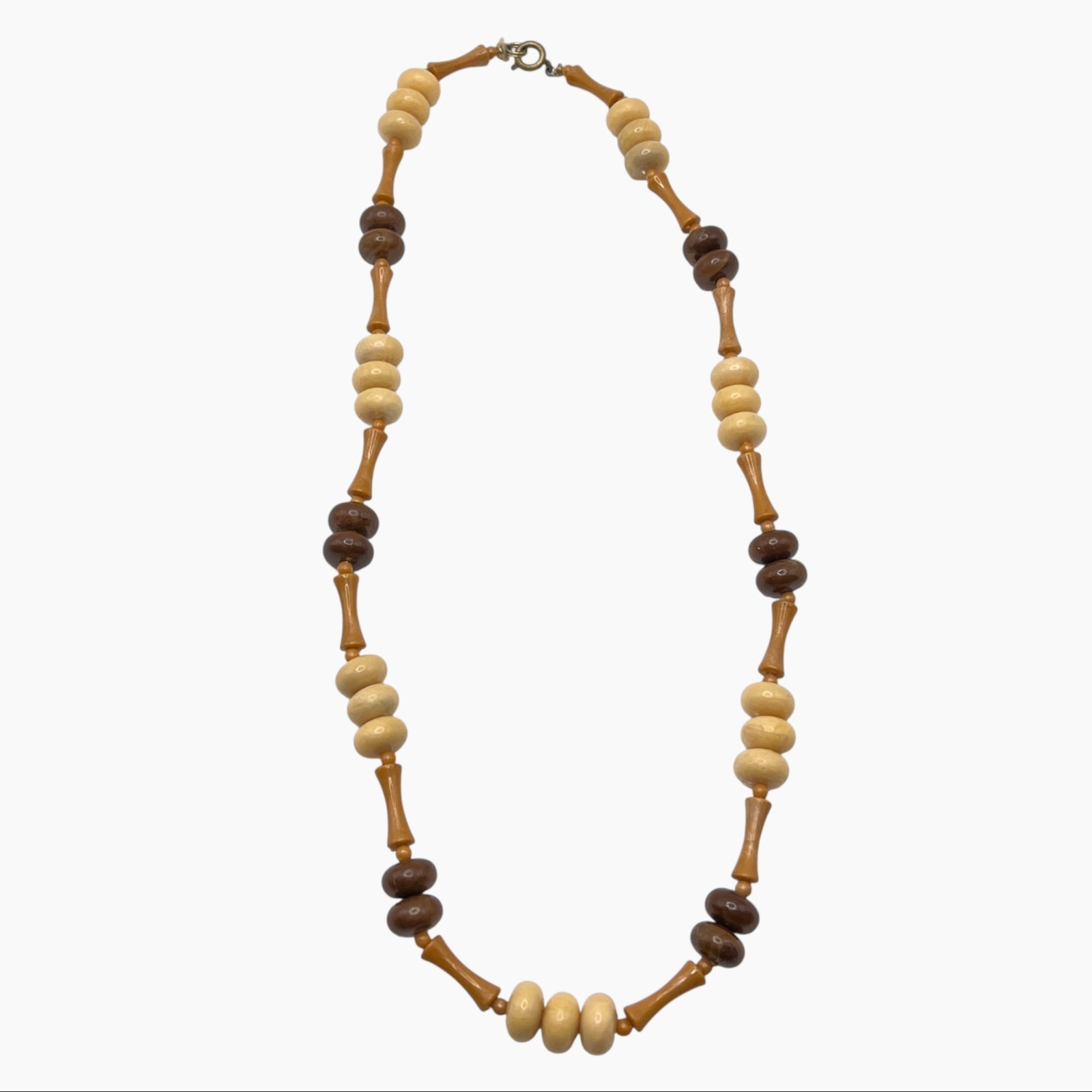 VTG Necklace Plastic Beads Brown Beige Earth Tones Hippie Tiki 19″ Lightweight