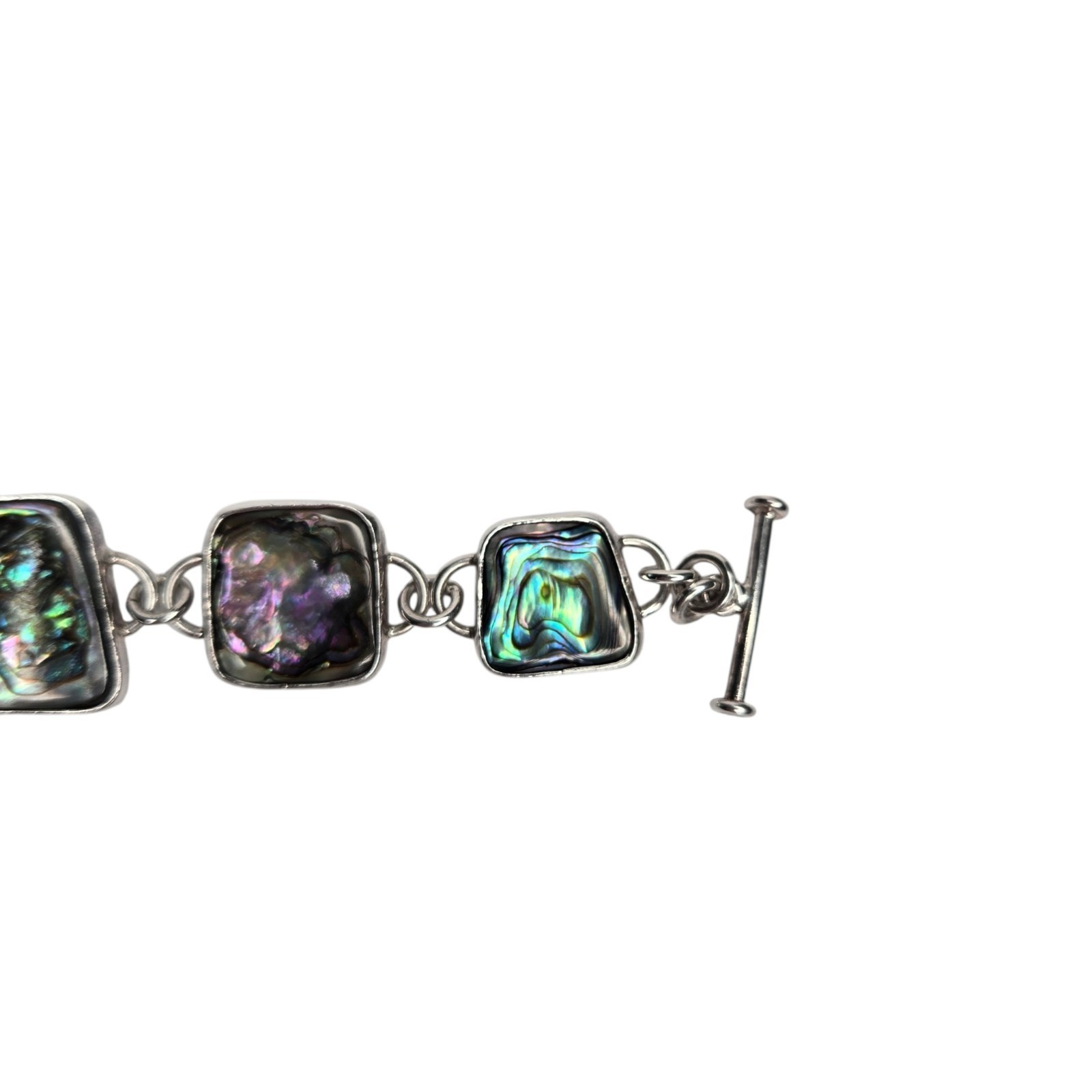 Heavy 925 Sterling Silver Abalone Shell Link Bracelet Artisan Paua Toggle Clasp