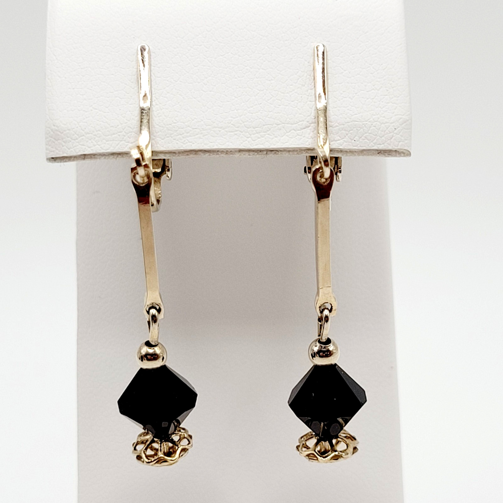 Minimalist Art Deco Drops Black Bicone Crystal Gold Tone Vtg Clip On Earrings
