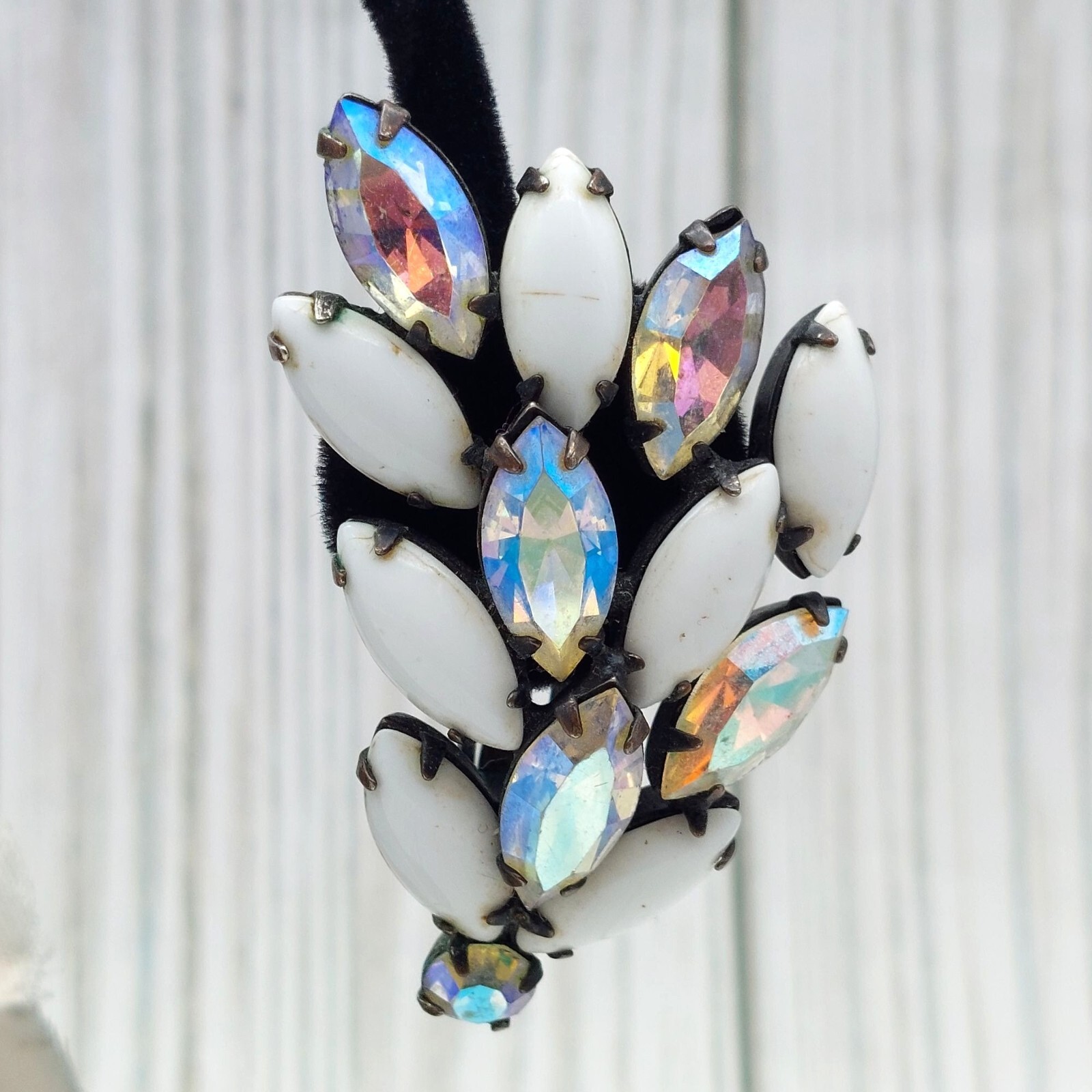 La Roco VINTAGE Milk Glass & AB Navette Crystal Clip On Earrings Large Climbers